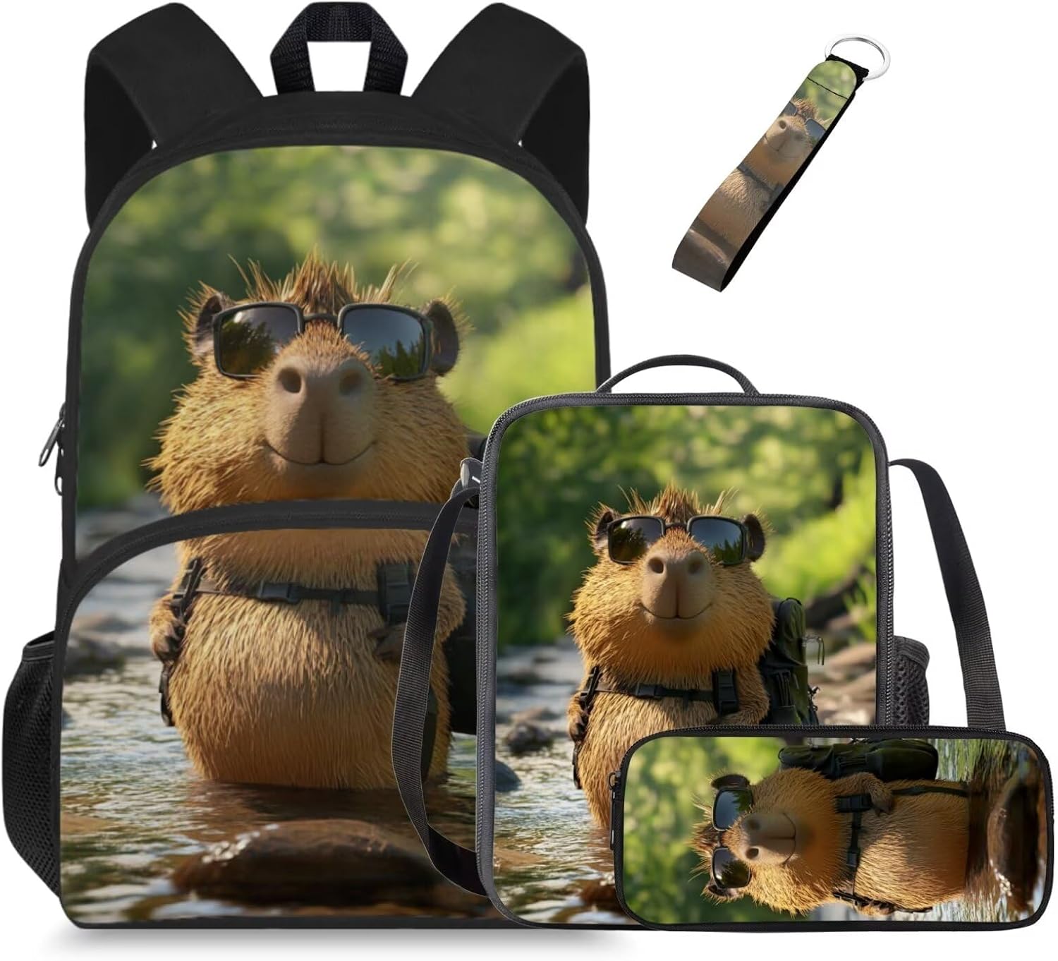 Glorowreny Kawaii Capybara Kids Backpack Girls Cute 4 in 1 Lightweight Girls Bookbag Ages 6-8 with Lunch Box 15 Inch Travel Rucksack with Sturdy Camping Lunch Bag