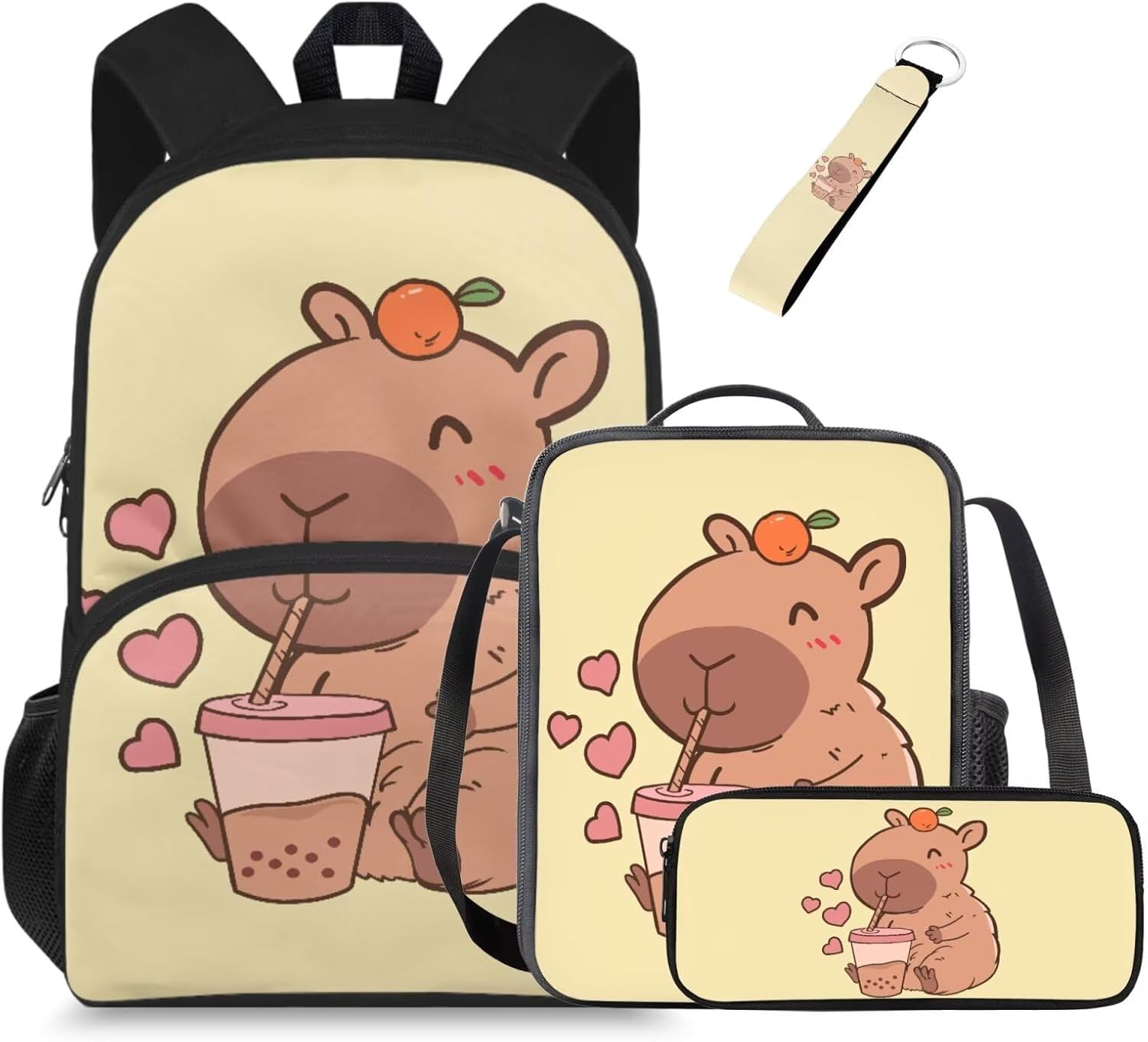 Glorowreny Kawaii Capybara Kids Backpack Girls Cute 4 in 1 Lightweight Girls Bookbag Ages 6-8 with Lunch Box 15 Inch Travel Rucksack with Sturdy Camping Lunch Bag - Image 15