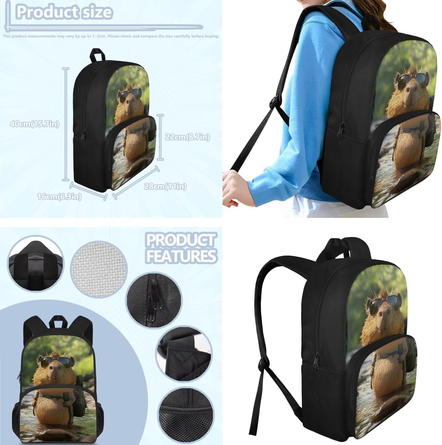 Glorowreny Kawaii Capybara Kids Backpack Girls Cute 4 in 1 Lightweight Girls Bookbag Ages 6-8 with Lunch Box 15 Inch Travel Rucksack with Sturdy Camping Lunch Bag - Image 5