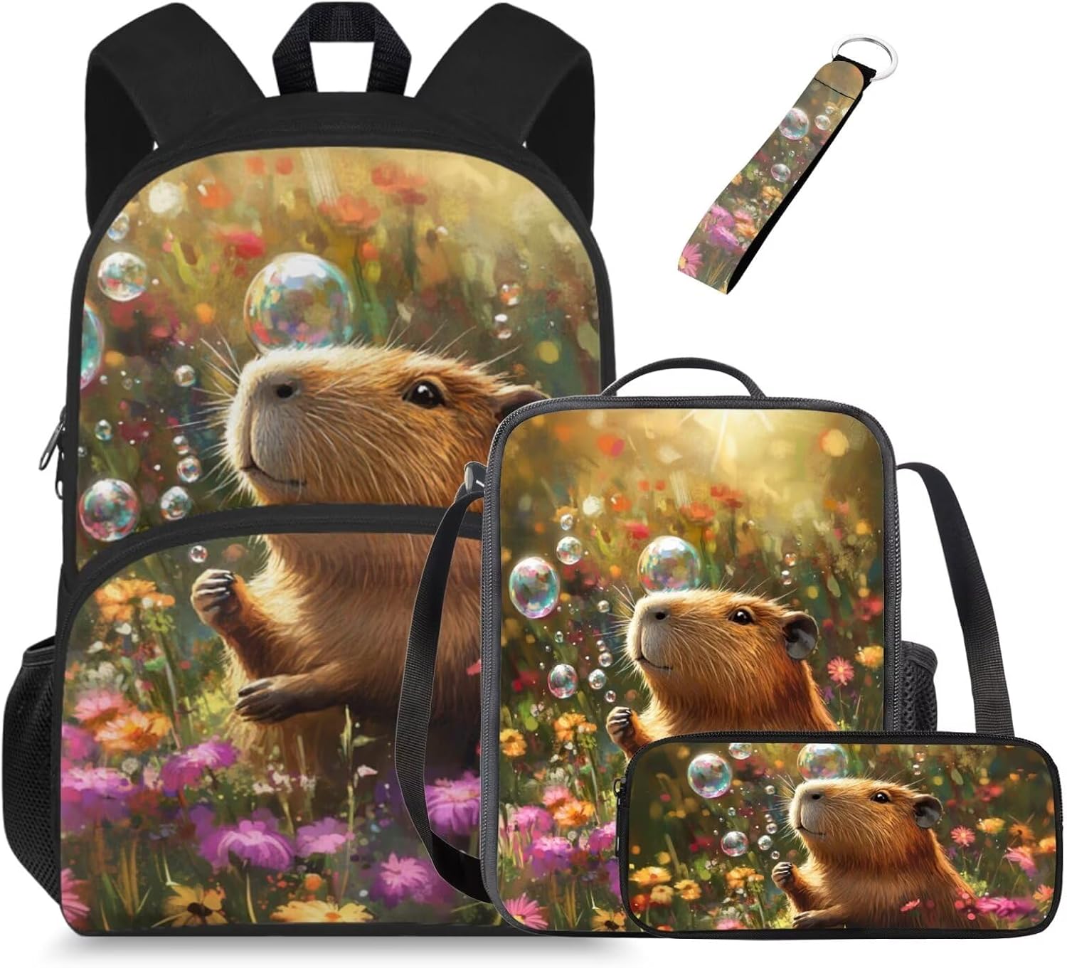 Glorowreny Kawaii Capybara Kids Backpack Girls Cute 4 in 1 Lightweight Girls Bookbag Ages 6-8 with Lunch Box 15 Inch Travel Rucksack with Sturdy Camping Lunch Bag - Image 11