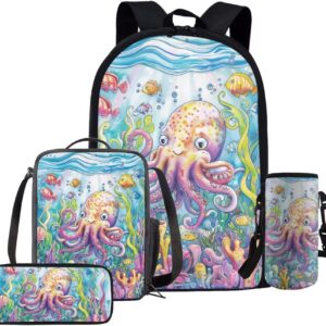 Glorowreny Octopus Backpack for School Cute Big for Girls Versatile 17 Inch Bookbag for Teen Girls with Lunch Box Kawaii Animal Pattern Zippered Pencil Case 4 in 1