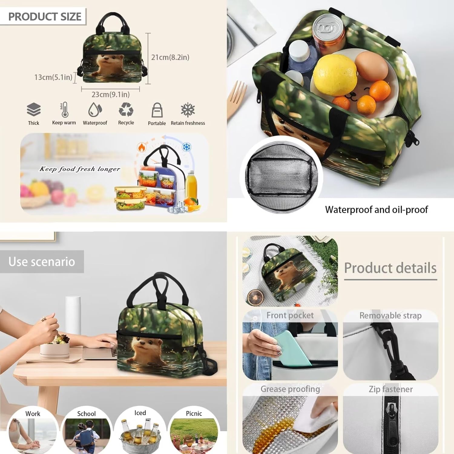 Glorowreny Otter Girls Backpack 10-12 Years Old Kawaii Animal Kids Lunch Bags for Girls Personalized Portable Water Bottle Holder with Strap 4 in 1 Casual School Daypack - Image 6