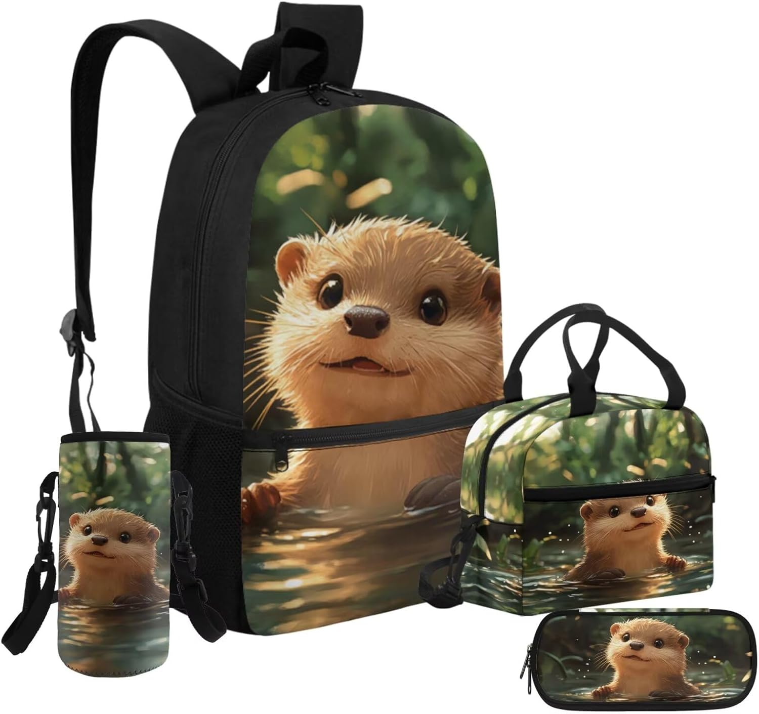 Glorowreny Otter Girls Backpack 10-12 Years Old Kawaii Animal Kids Lunch Bags for Girls Personalized Portable Water Bottle Holder with Strap 4 in 1 Casual School Daypack - Image 2