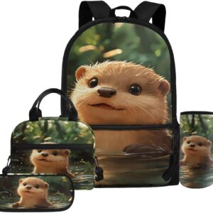 Glorowreny Otter Girls Backpack 10-12 Years Old Kawaii Animal Kids Lunch Bags for Girls Personalized Portable Water Bottle Holder with Strap 4 in 1 Casual School Daypack