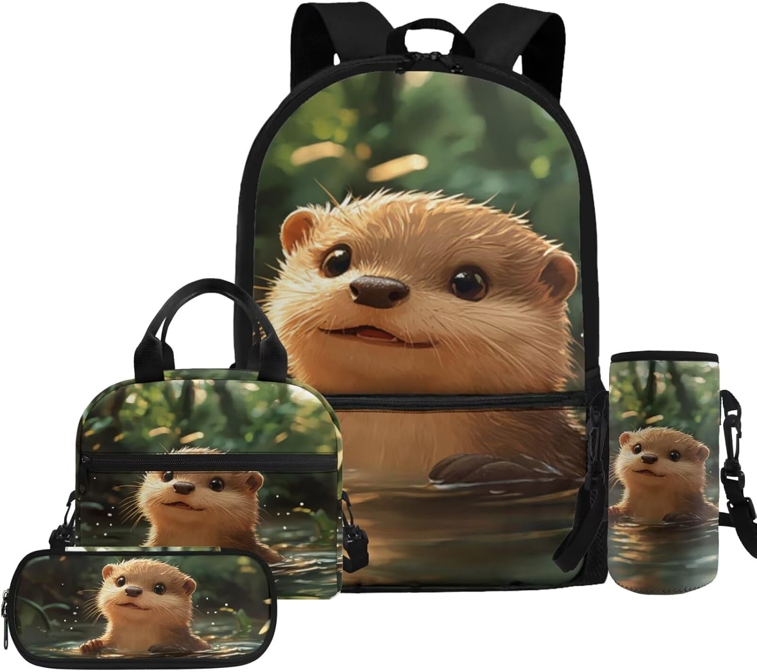 Glorowreny Otter Girls Backpack 10-12 Years Old Kawaii Animal Kids Lunch Bags for Girls Personalized Portable Water Bottle Holder with Strap 4 in 1 Casual School Daypack