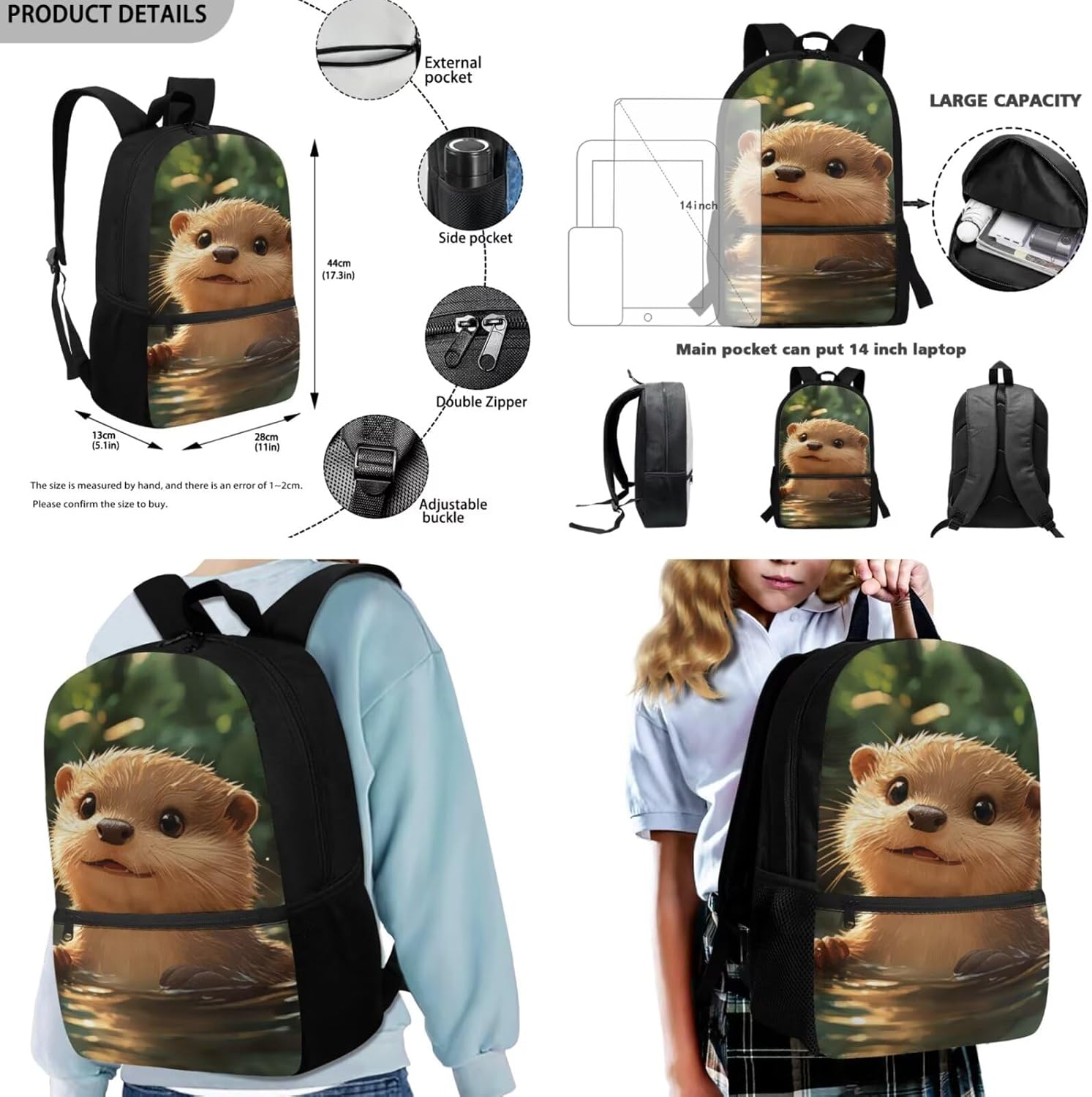 Glorowreny Otter Girls Backpack 10-12 Years Old Kawaii Animal Kids Lunch Bags for Girls Personalized Portable Water Bottle Holder with Strap 4 in 1 Casual School Daypack - Image 3