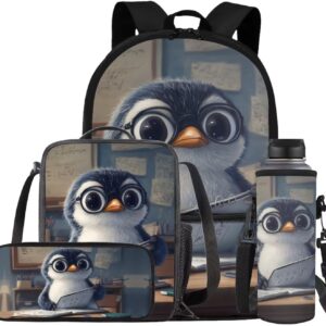 Glorowreny Penguin Backpack Kids Kawaii Animal Girls Bookbag Age 10-12 Lightweight Cute Insulated Lunch Bag Portable Water Bottle Sleeve with Strap 4 PCS Casual School Daycare Bags