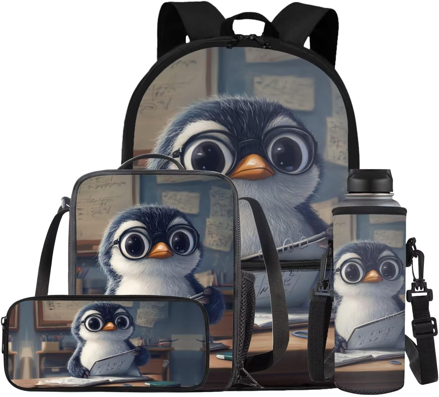 Glorowreny Penguin Backpack Kids Kawaii Animal Girls Bookbag Age 10-12 Lightweight Cute Insulated Lunch Bag Portable Water Bottle Sleeve with Strap 4 PCS Casual School Daycare Bags