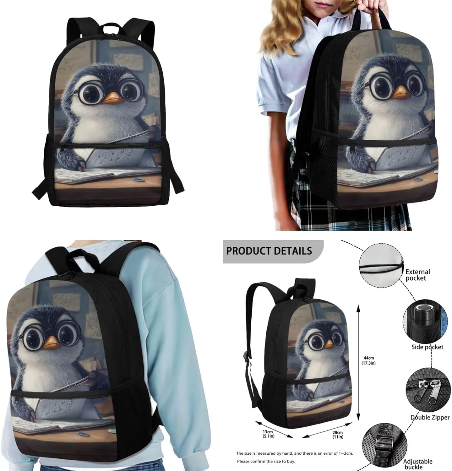Glorowreny Penguin Backpack Kids Kawaii Animal Girls Bookbag Age 10-12 Lightweight Cute Insulated Lunch Bag Portable Water Bottle Sleeve with Strap 4 PCS Casual School Daycare Bags - Image 2