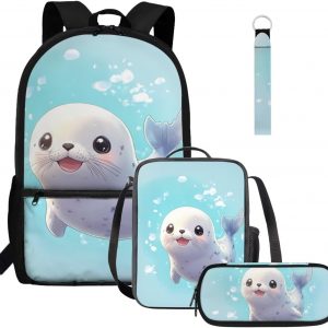 Glorowreny Seal Backpack for School Kids 10-12 Girls Large Capacity Bookbag for Teen Girls Set of 4 Lightwieght Girls Kids Lunch Bag with Strap Kawaii Kids Bookbag Keychains