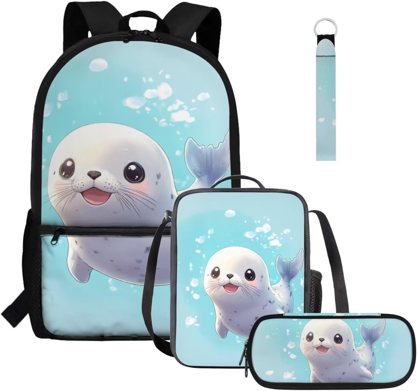 Glorowreny Seal Backpack for School Kids 10-12 Girls Large Capacity Bookbag for Teen Girls Set of 4 Lightwieght Girls Kids Lunch Bag with Strap Kawaii Kids Bookbag Keychains