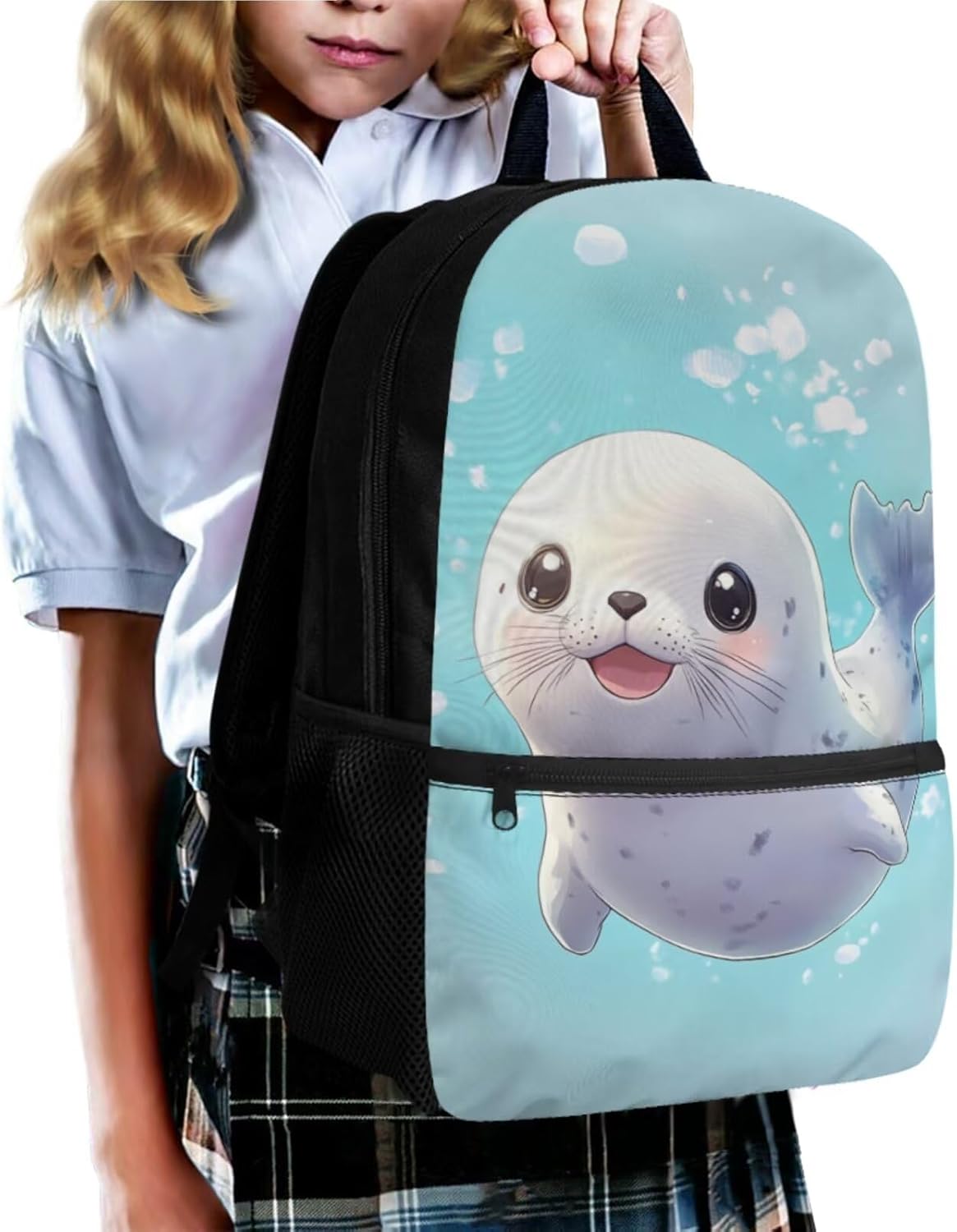 Glorowreny Seal Backpack for School Kids 10-12 Girls Large Capacity Bookbag for Teen Girls Set of 4 Lightwieght Girls Kids Lunch Bag with Strap Kawaii Kids Bookbag Keychains - Image 3
