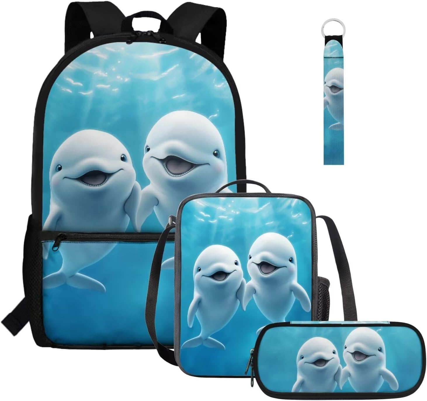 Glorowreny Seal Backpack for School Kids 10-12 Girls Large Capacity Bookbag for Teen Girls Set of 4 Lightwieght Girls Kids Lunch Bag with Strap Kawaii Kids Bookbag Keychains - Image 9