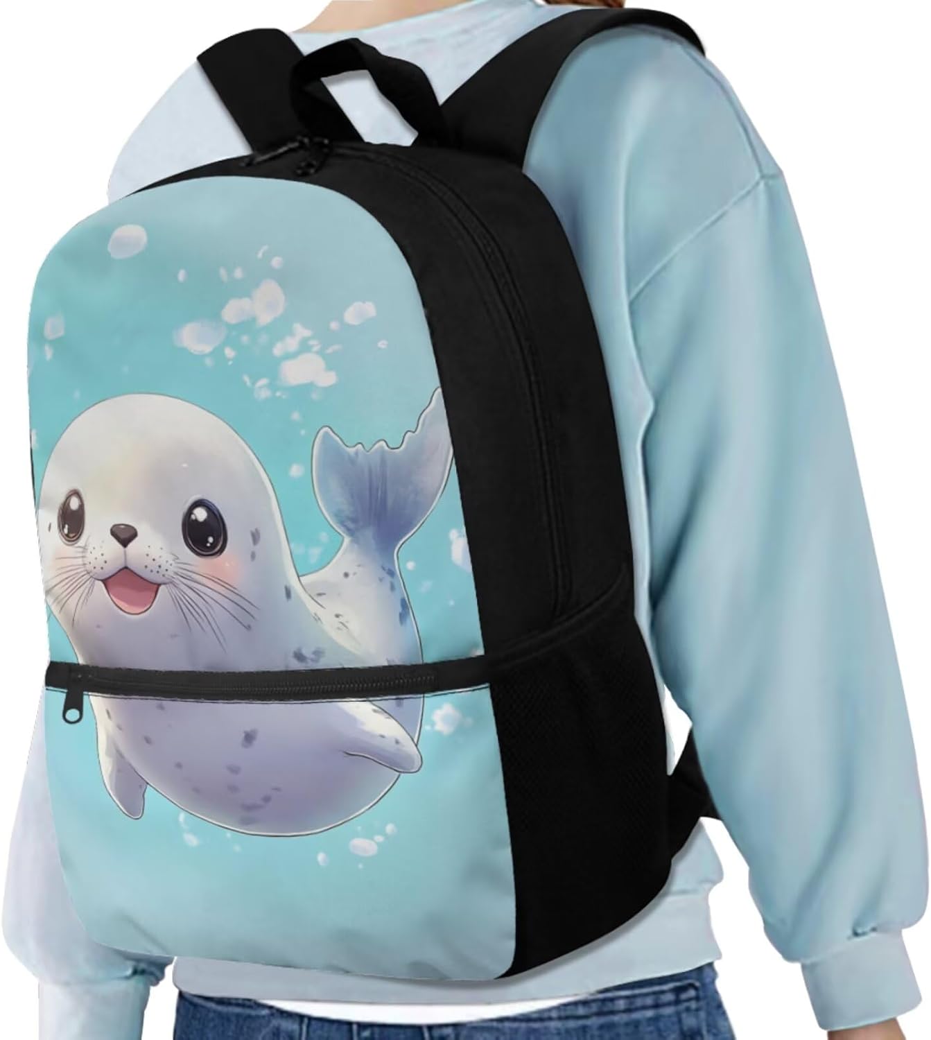 Glorowreny Seal Backpack for School Kids 10-12 Girls Large Capacity Bookbag for Teen Girls Set of 4 Lightwieght Girls Kids Lunch Bag with Strap Kawaii Kids Bookbag Keychains - Image 4