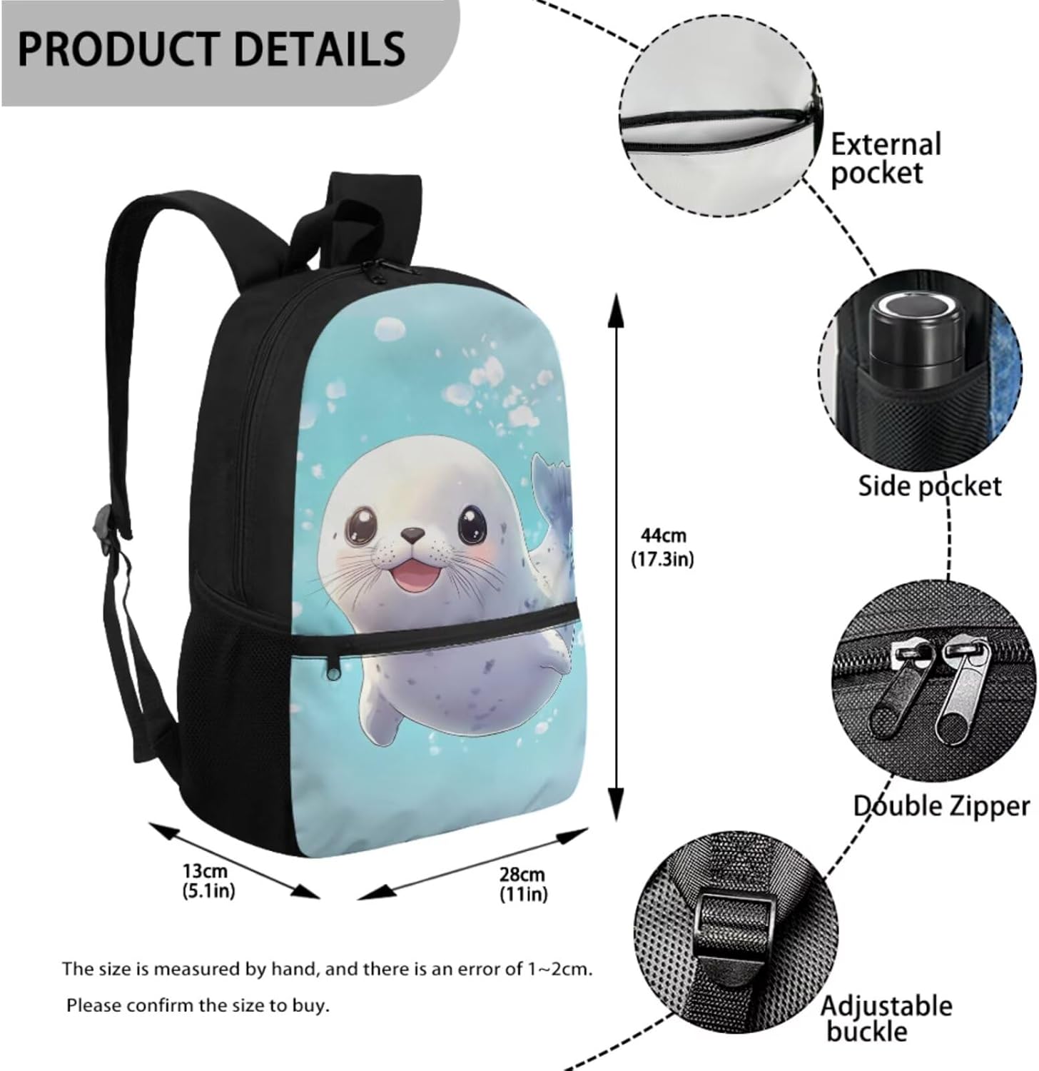 Glorowreny Seal Backpack for School Kids 10-12 Girls Large Capacity Bookbag for Teen Girls Set of 4 Lightwieght Girls Kids Lunch Bag with Strap Kawaii Kids Bookbag Keychains - Image 2