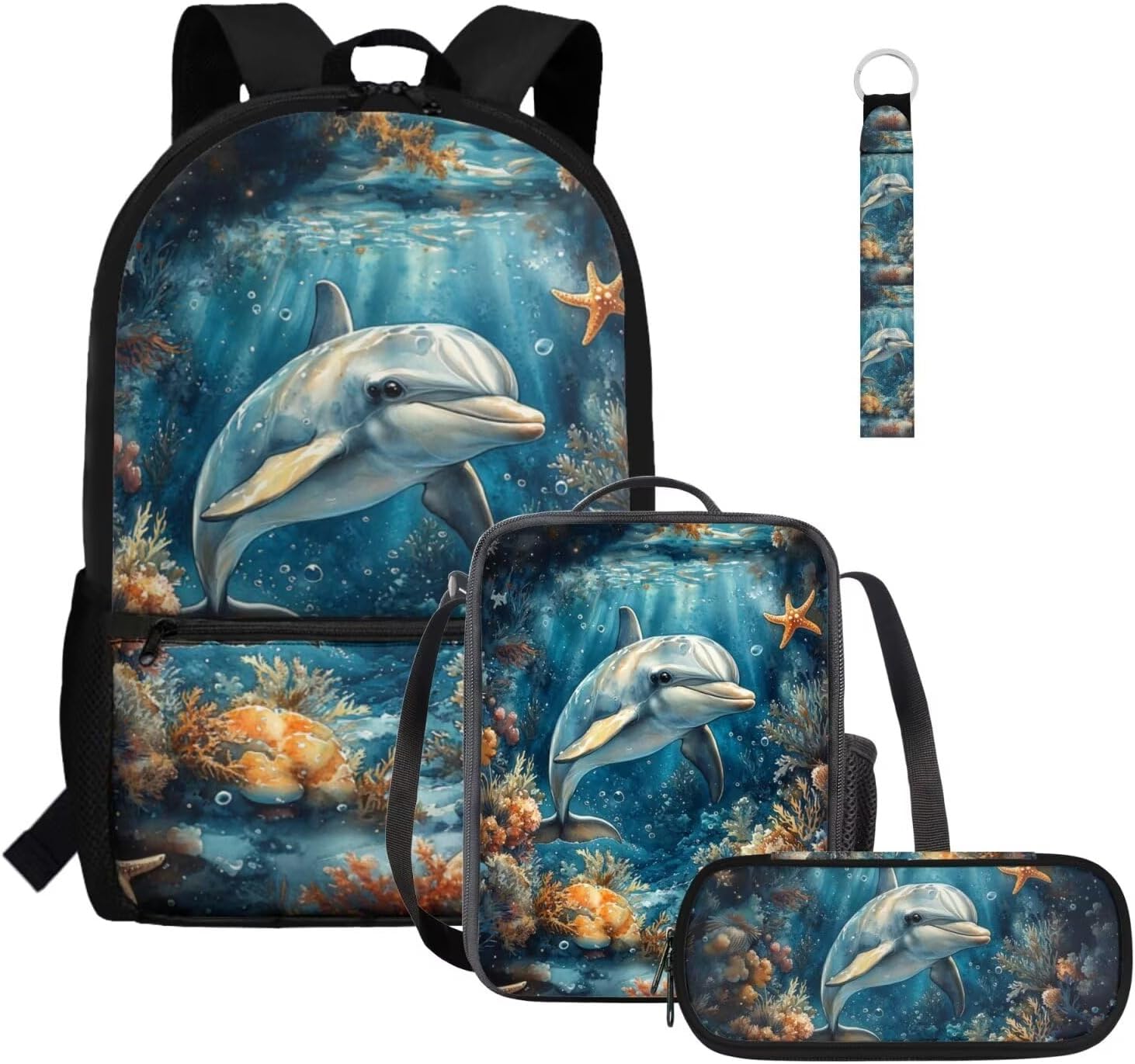 Glorowreny Seal Backpack for School Kids 10-12 Girls Large Capacity Bookbag for Teen Girls Set of 4 Lightwieght Girls Kids Lunch Bag with Strap Kawaii Kids Bookbag Keychains - Image 22