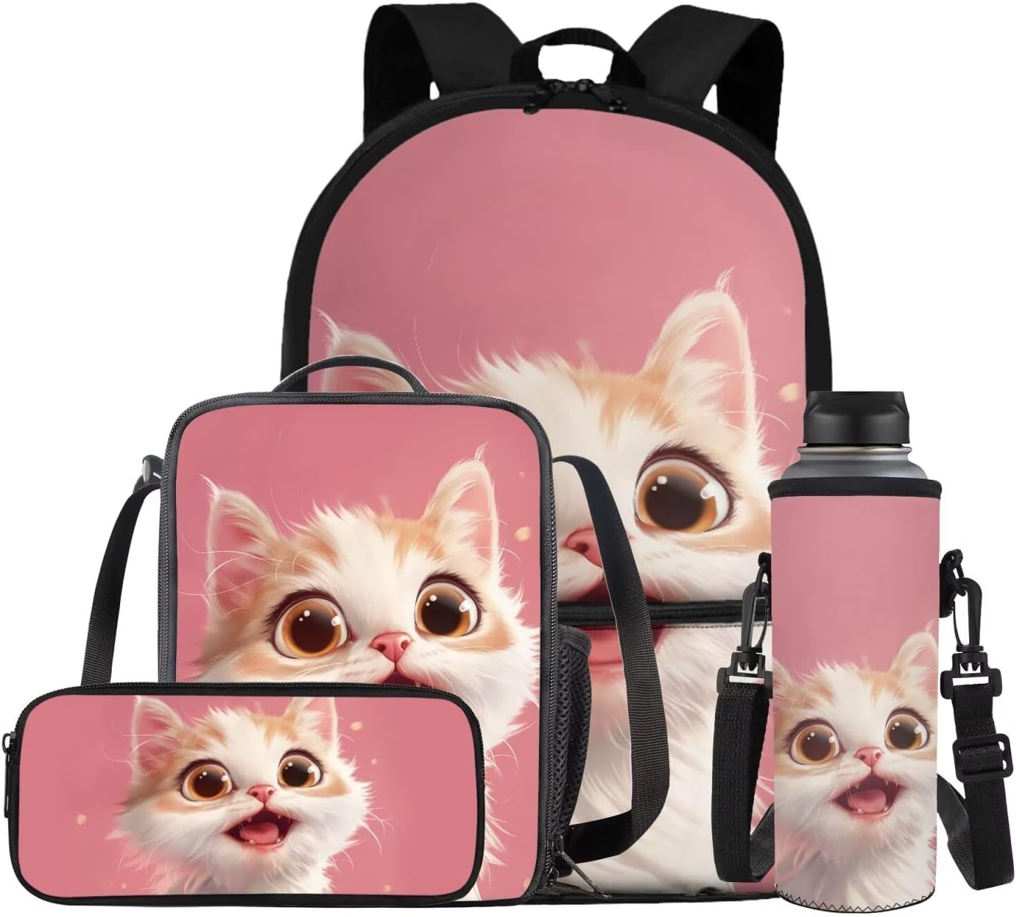 Glorowreny Sloth Backpacks for Girls Kawaii Strawberry Bookbag with Heart Print Insulated Lunch Bag for Kids Pink Set of 4 Lightweight Water Bottle Holder with Strap Casual Travel Daypack - Image 21