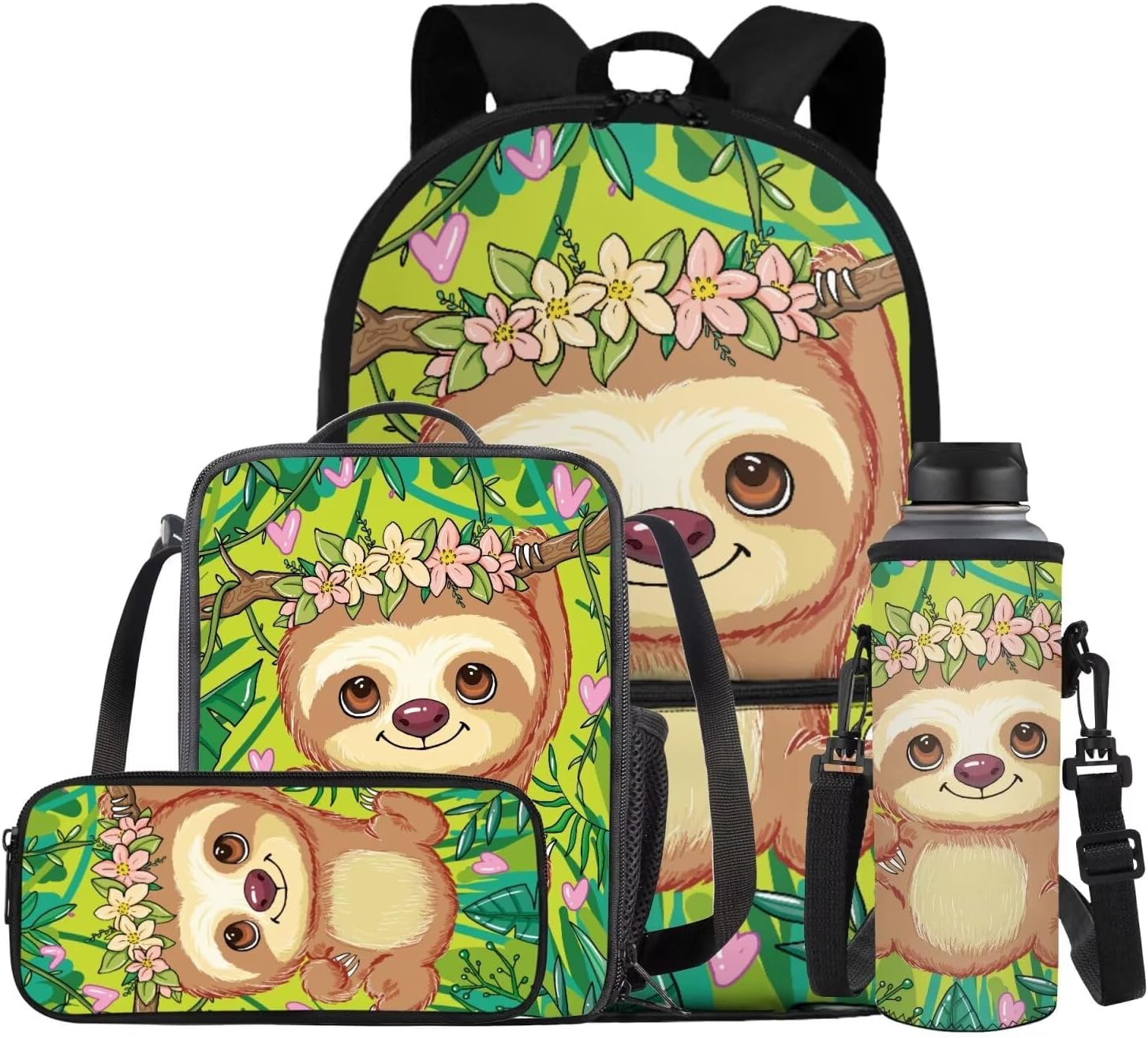 Glorowreny Sloth Backpacks for Girls Kawaii Strawberry Bookbag with Heart Print Insulated Lunch Bag for Kids Pink Set of 4 Lightweight Water Bottle Holder with Strap Casual Travel Daypack - Image 15