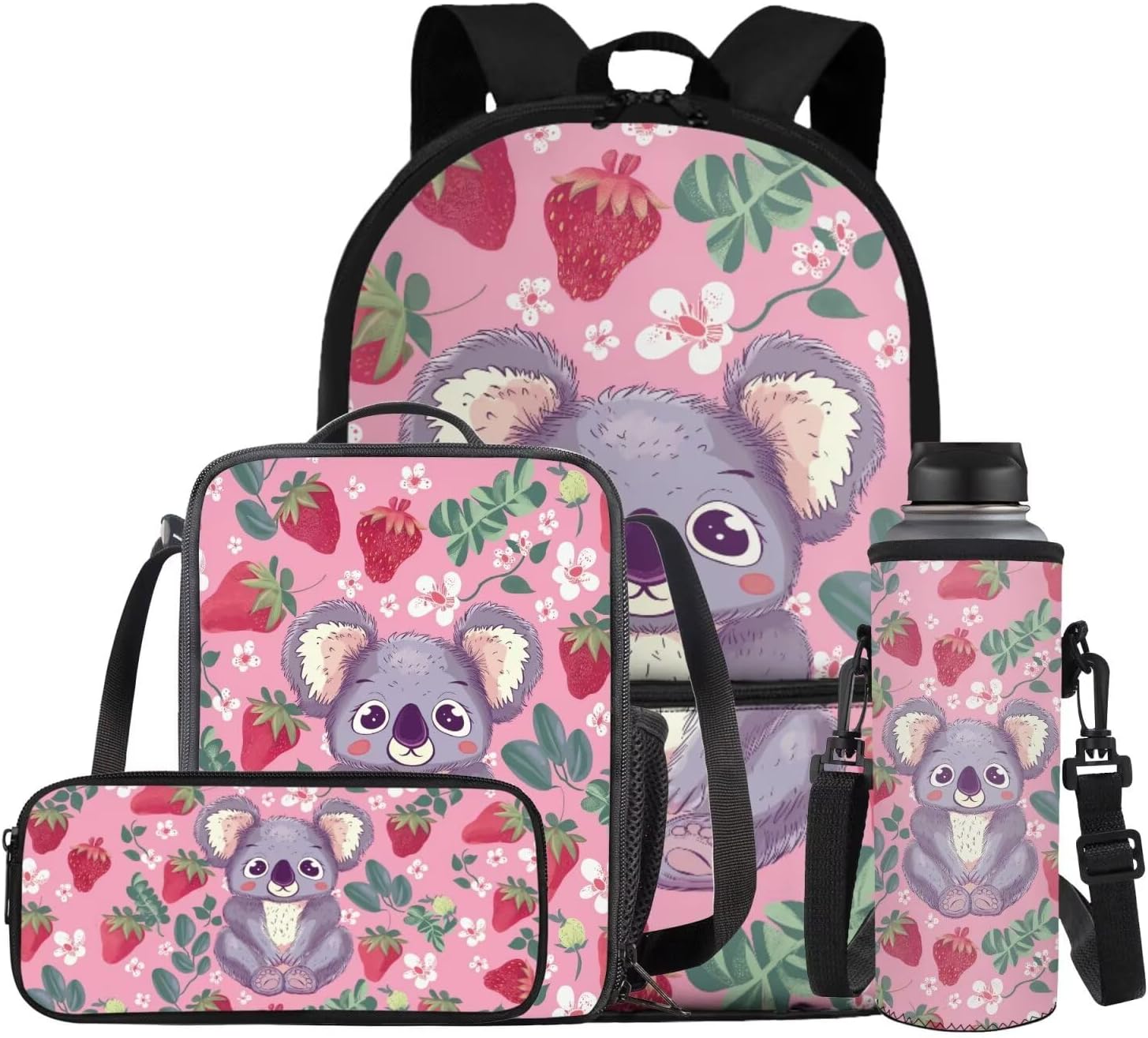 Glorowreny Sloth Backpacks for Girls Kawaii Strawberry Bookbag with Heart Print Insulated Lunch Bag for Kids Pink Set of 4 Lightweight Water Bottle Holder with Strap Casual Travel Daypack - Image 10