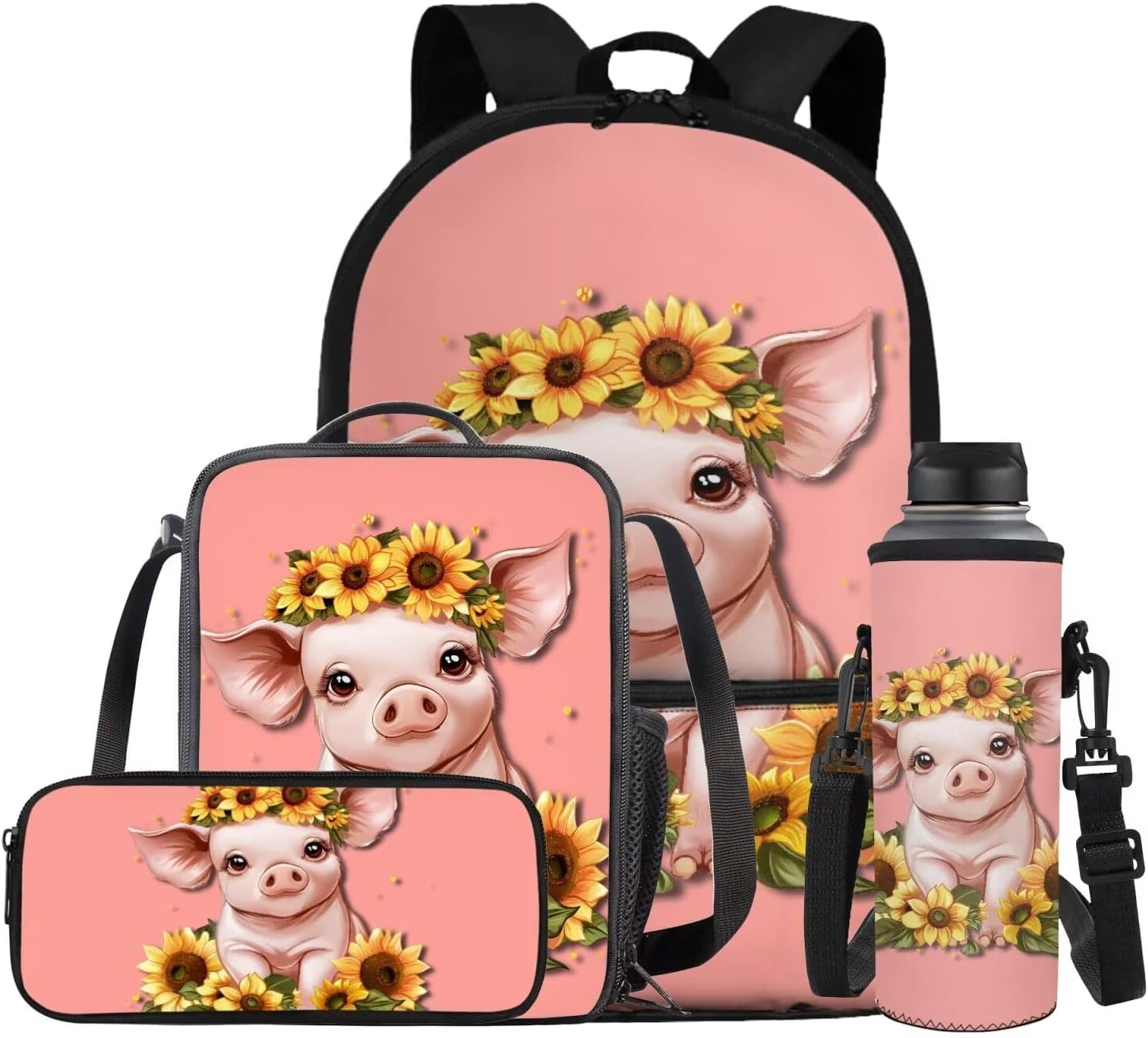 Glorowreny Sloth Backpacks for Girls Kawaii Strawberry Bookbag with Heart Print Insulated Lunch Bag for Kids Pink Set of 4 Lightweight Water Bottle Holder with Strap Casual Travel Daypack - Image 7