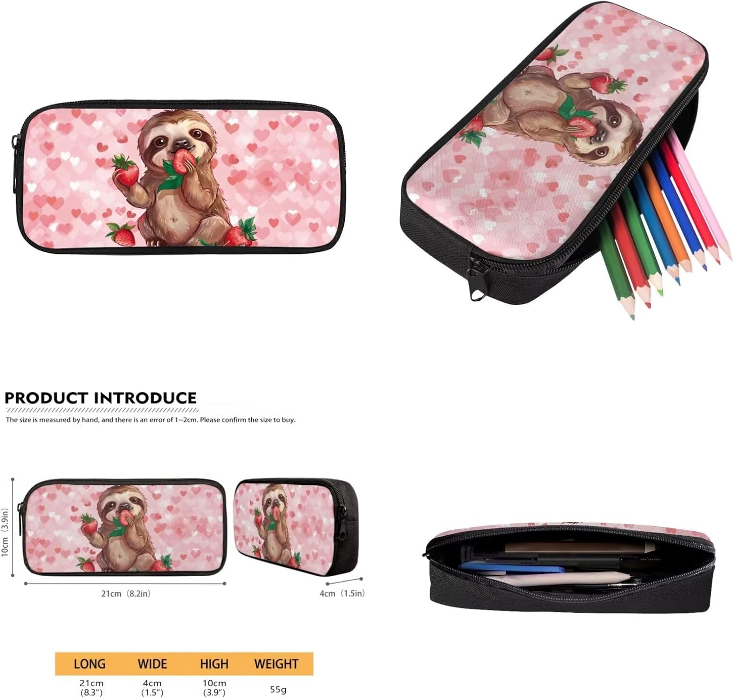 Glorowreny Sloth Backpacks for Girls Kawaii Strawberry Bookbag with Heart Print Insulated Lunch Bag for Kids Pink Set of 4 Lightweight Water Bottle Holder with Strap Casual Travel Daypack - Image 4