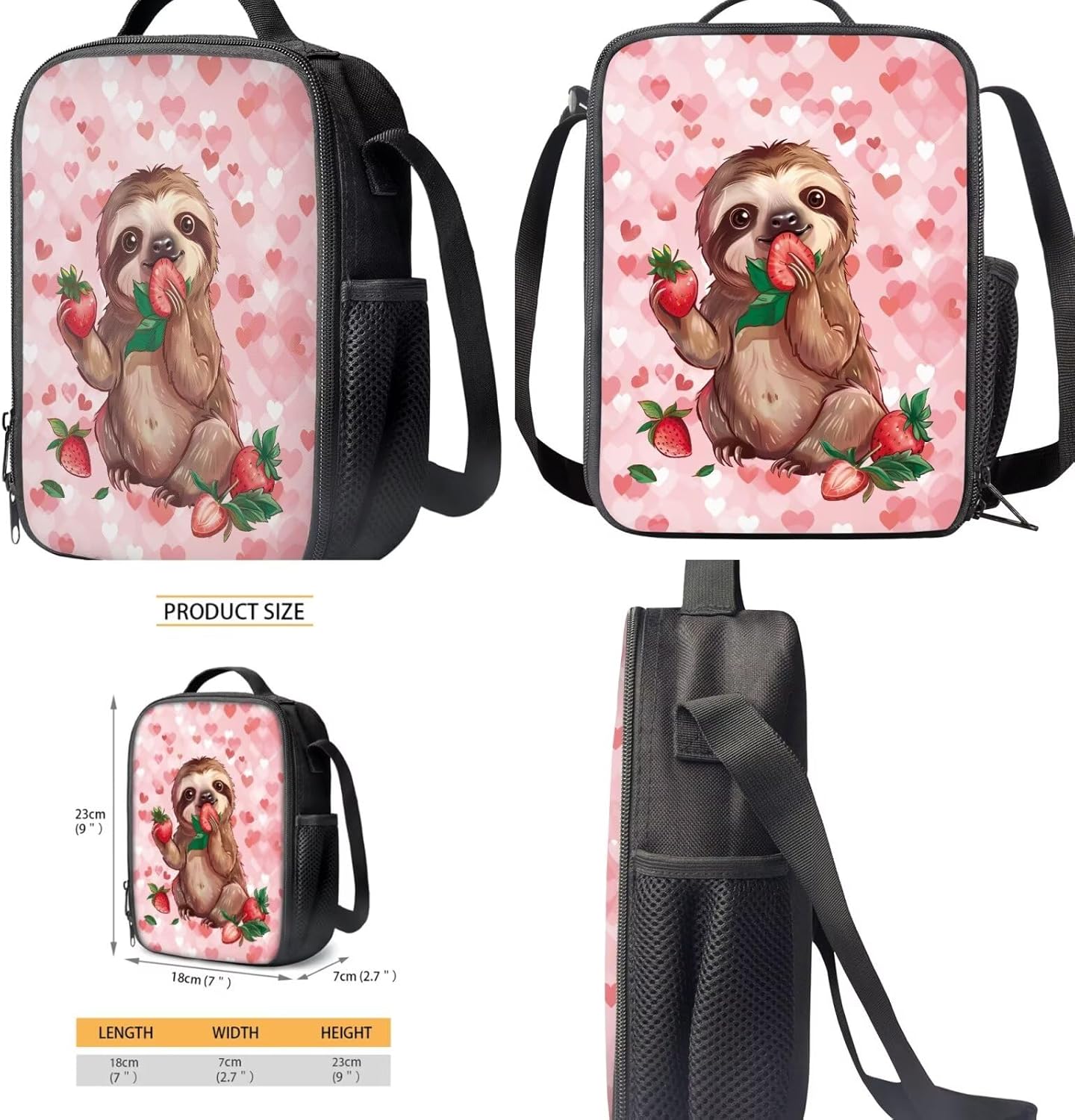 Glorowreny Sloth Backpacks for Girls Kawaii Strawberry Bookbag with Heart Print Insulated Lunch Bag for Kids Pink Set of 4 Lightweight Water Bottle Holder with Strap Casual Travel Daypack - Image 3