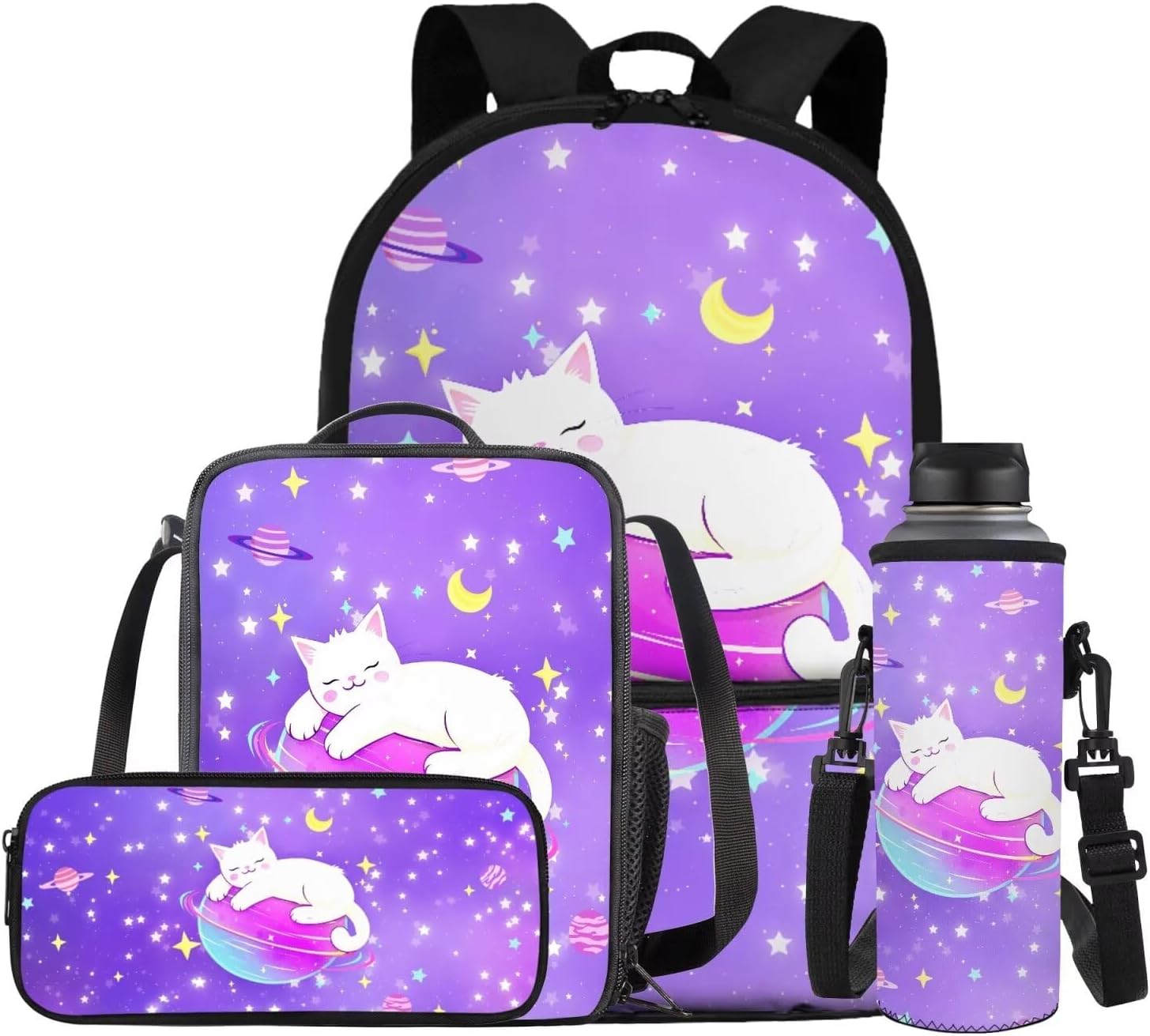 Glorowreny Sloth Backpacks for Girls Kawaii Strawberry Bookbag with Heart Print Insulated Lunch Bag for Kids Pink Set of 4 Lightweight Water Bottle Holder with Strap Casual Travel Daypack - Image 11