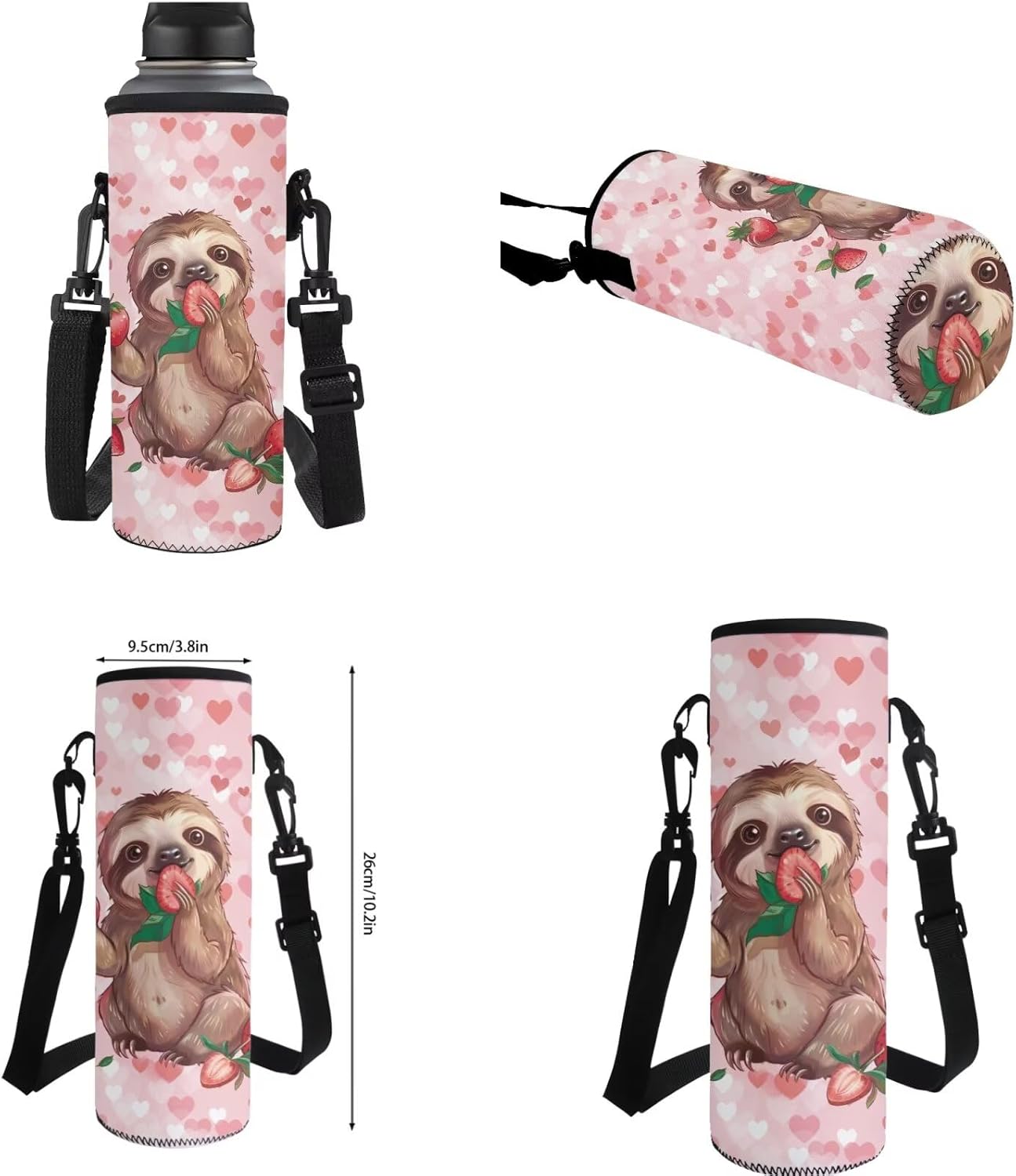Glorowreny Sloth Backpacks for Girls Kawaii Strawberry Bookbag with Heart Print Insulated Lunch Bag for Kids Pink Set of 4 Lightweight Water Bottle Holder with Strap Casual Travel Daypack - Image 5