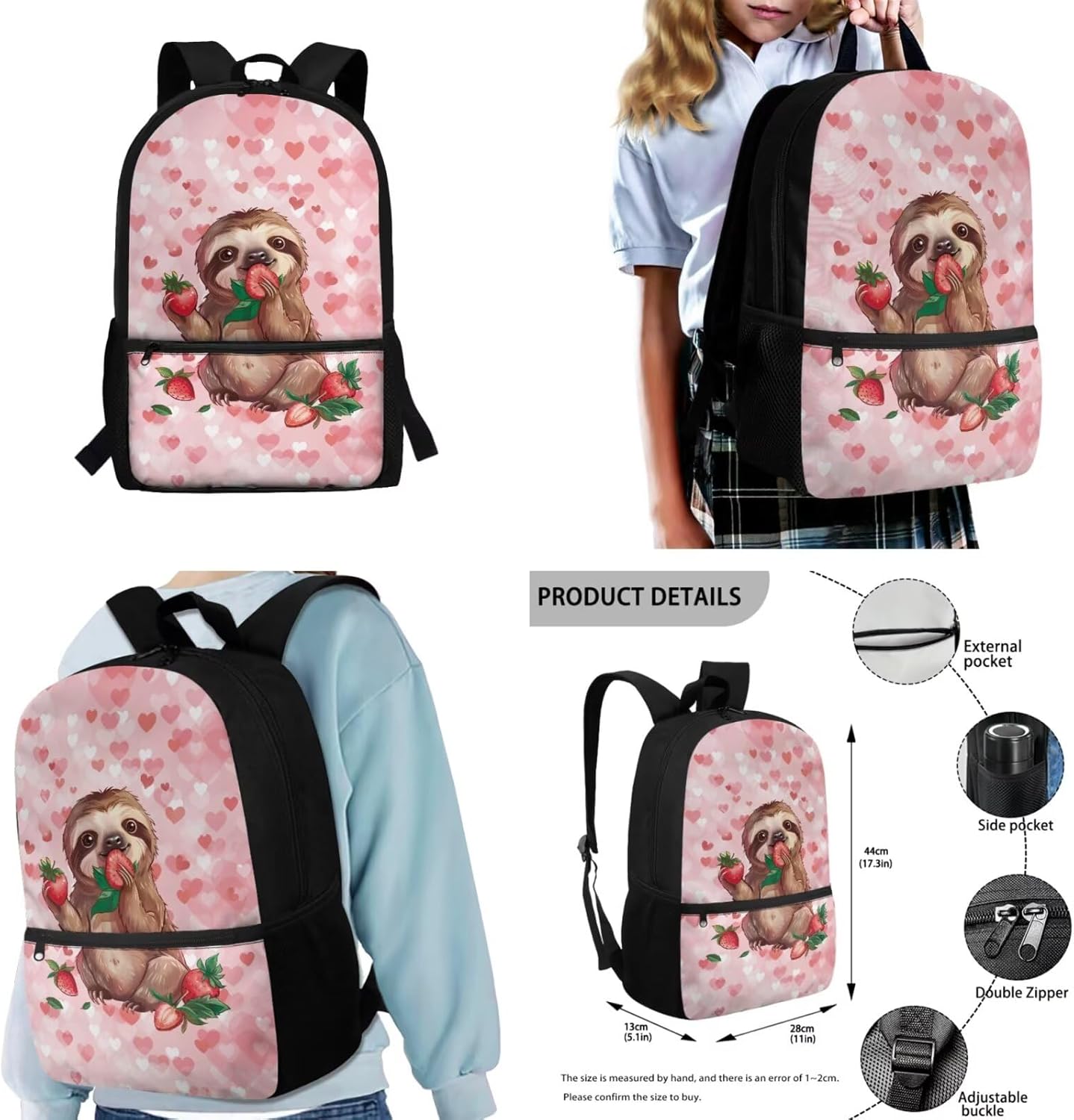 Glorowreny Sloth Backpacks for Girls Kawaii Strawberry Bookbag with Heart Print Insulated Lunch Bag for Kids Pink Set of 4 Lightweight Water Bottle Holder with Strap Casual Travel Daypack - Image 2