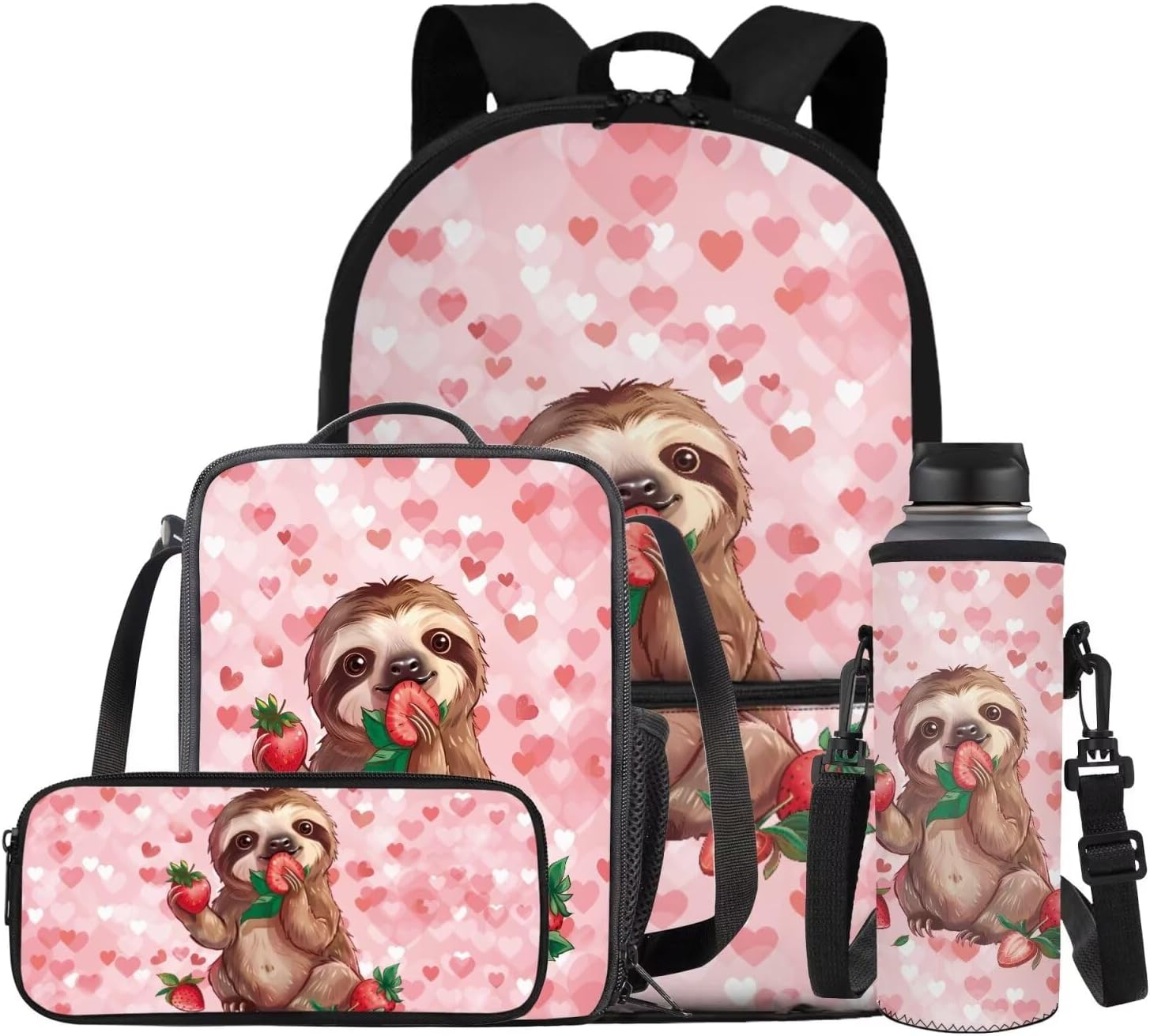 Glorowreny Sloth Backpacks for Girls Kawaii Strawberry Bookbag with Heart Print Insulated Lunch Bag for Kids Pink Set of 4 Lightweight Water Bottle Holder with Strap Casual Travel Daypack