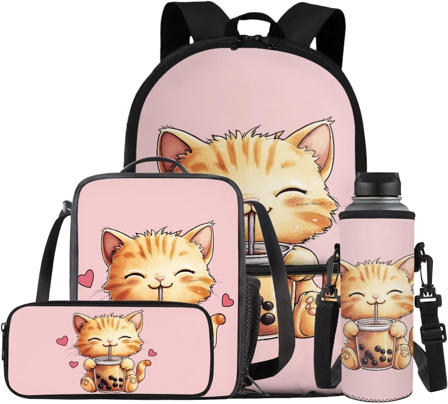 Glorowreny Sloth Backpacks for Girls Kawaii Strawberry Bookbag with Heart Print Insulated Lunch Bag for Kids Pink Set of 4 Lightweight Water Bottle Holder with Strap Casual Travel Daypack - Image 16