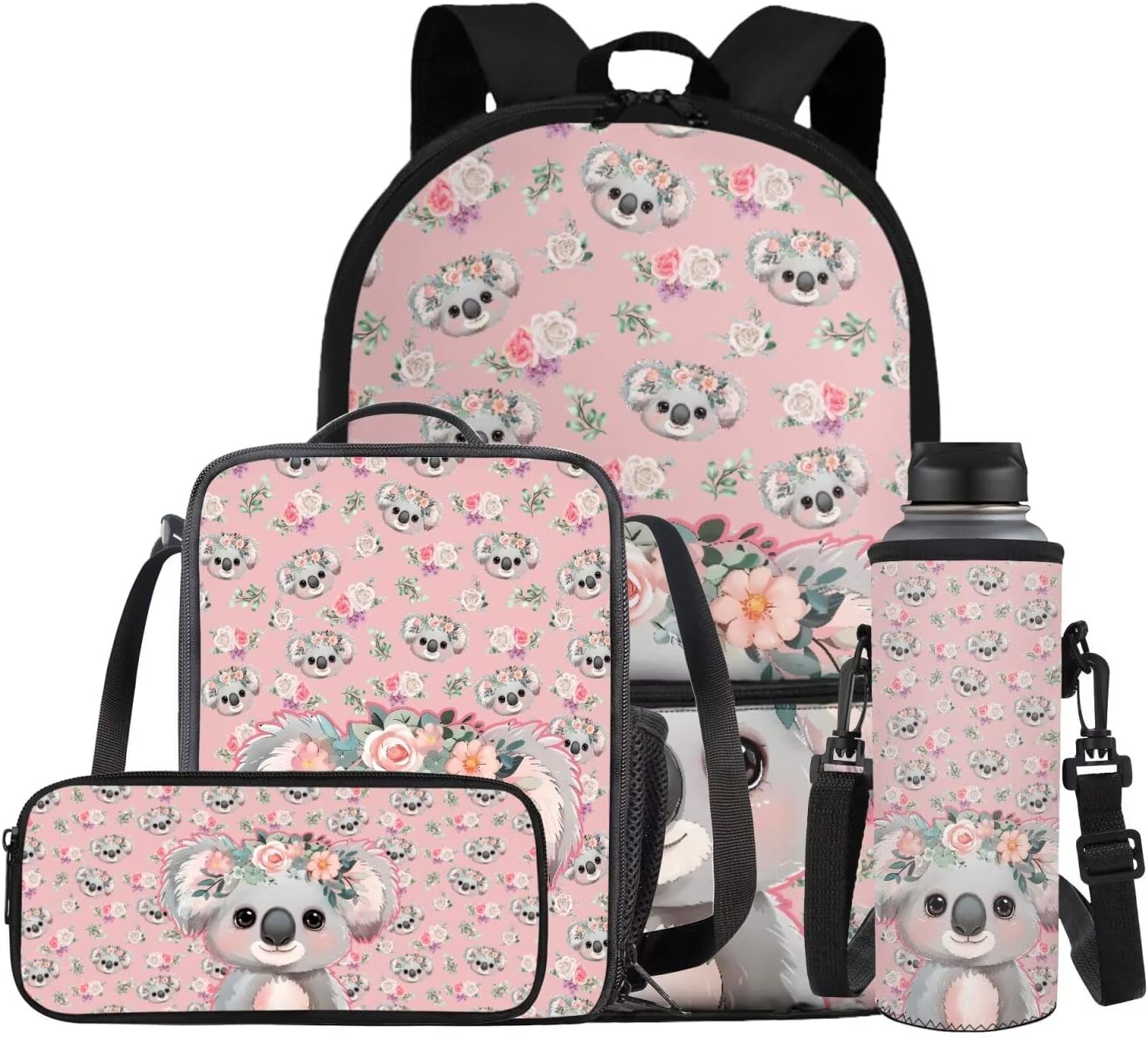 Glorowreny Sloth Backpacks for Girls Kawaii Strawberry Bookbag with Heart Print Insulated Lunch Bag for Kids Pink Set of 4 Lightweight Water Bottle Holder with Strap Casual Travel Daypack - Image 6