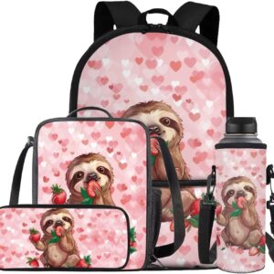 Glorowreny Sloth Backpacks for Girls Kawaii Strawberry Bookbag with Heart Print Insulated Lunch Bag for Kids Pink Set of 4 Lightweight Water Bottle Holder with Strap Casual Travel Daypack