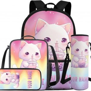 Gomyblomy Custom Milk Tea Cat Backpack with Name for Girls 6-8 Kawaii Personalized Kids Bookbag with Lunch Box Pencil Case Water Bottle Sleeve 4 In 1 Set Lightweight 17 Inch Kids School Bag