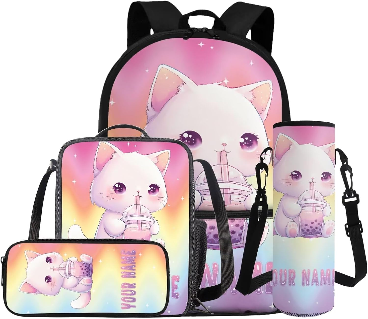 Gomyblomy Custom Milk Tea Cat Backpack with Name for Girls 6-8 Kawaii Personalized Kids Bookbag with Lunch Box Pencil Case Water Bottle Sleeve 4 In 1 Set Lightweight 17 Inch Kids School Bag