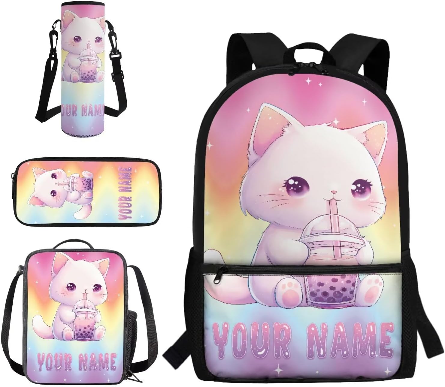 Gomyblomy Custom Milk Tea Cat Backpack with Name for Girls 6-8 Kawaii Personalized Kids Bookbag with Lunch Box Pencil Case Water Bottle Sleeve 4 In 1 Set Lightweight 17 Inch Kids School Bag - Image 8