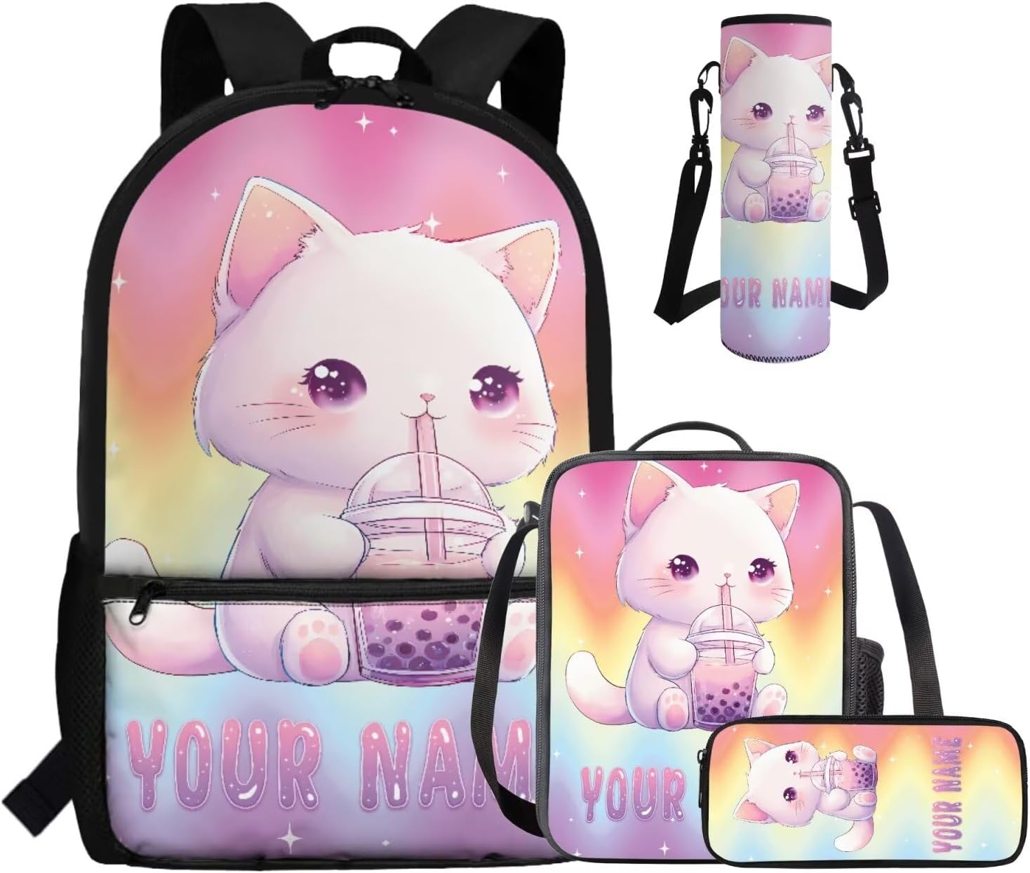 Gomyblomy Custom Milk Tea Cat Backpack with Name for Girls 6-8 Kawaii Personalized Kids Bookbag with Lunch Box Pencil Case Water Bottle Sleeve 4 In 1 Set Lightweight 17 Inch Kids School Bag - Image 7