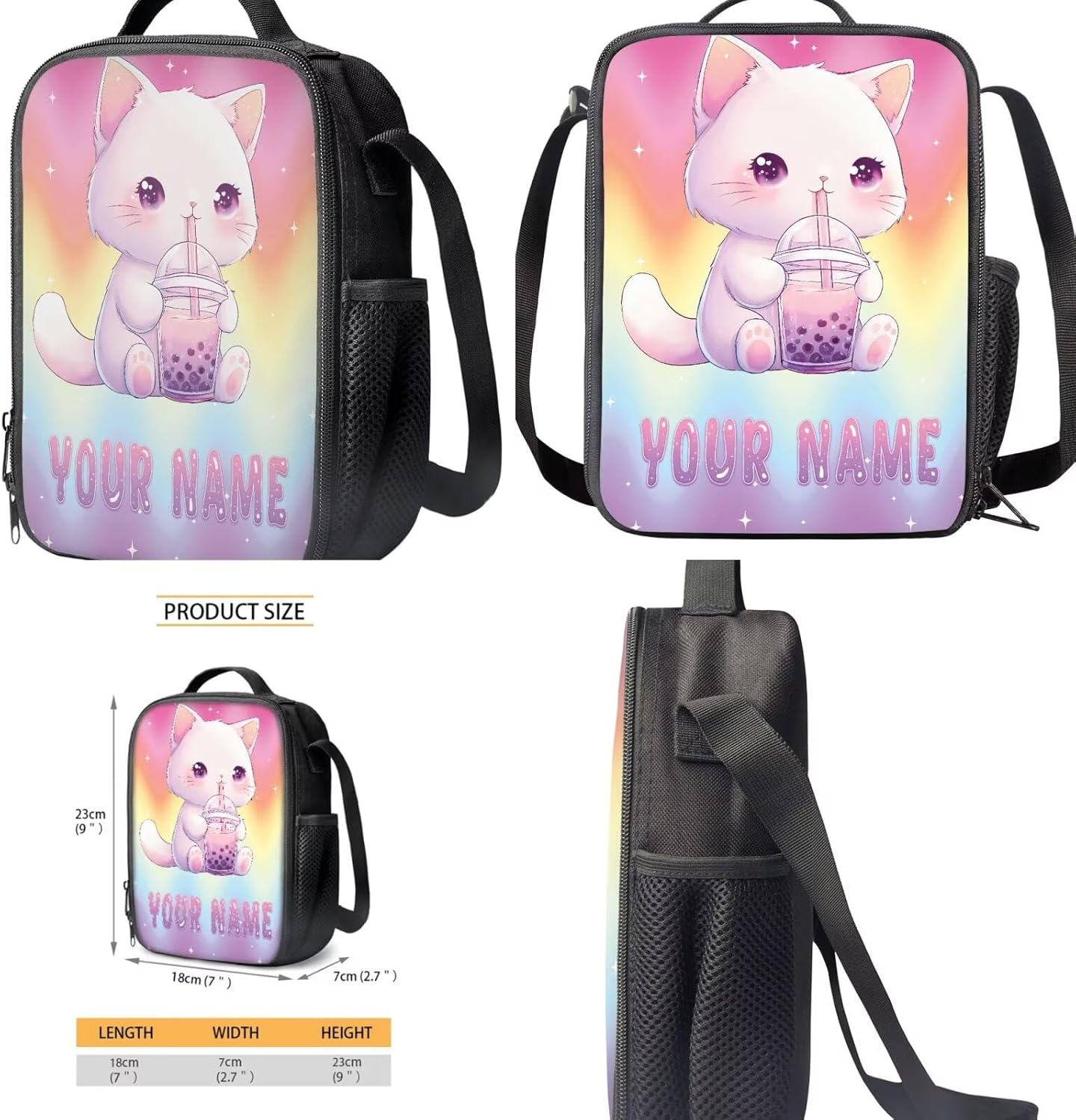 Gomyblomy Custom Milk Tea Cat Backpack with Name for Girls 6-8 Kawaii Personalized Kids Bookbag with Lunch Box Pencil Case Water Bottle Sleeve 4 In 1 Set Lightweight 17 Inch Kids School Bag - Image 4