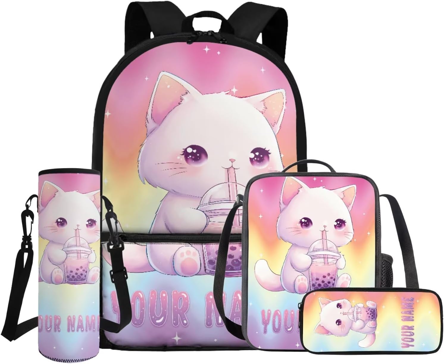 Gomyblomy Custom Milk Tea Cat Backpack with Name for Girls 6-8 Kawaii Personalized Kids Bookbag with Lunch Box Pencil Case Water Bottle Sleeve 4 In 1 Set Lightweight 17 Inch Kids School Bag - Image 6