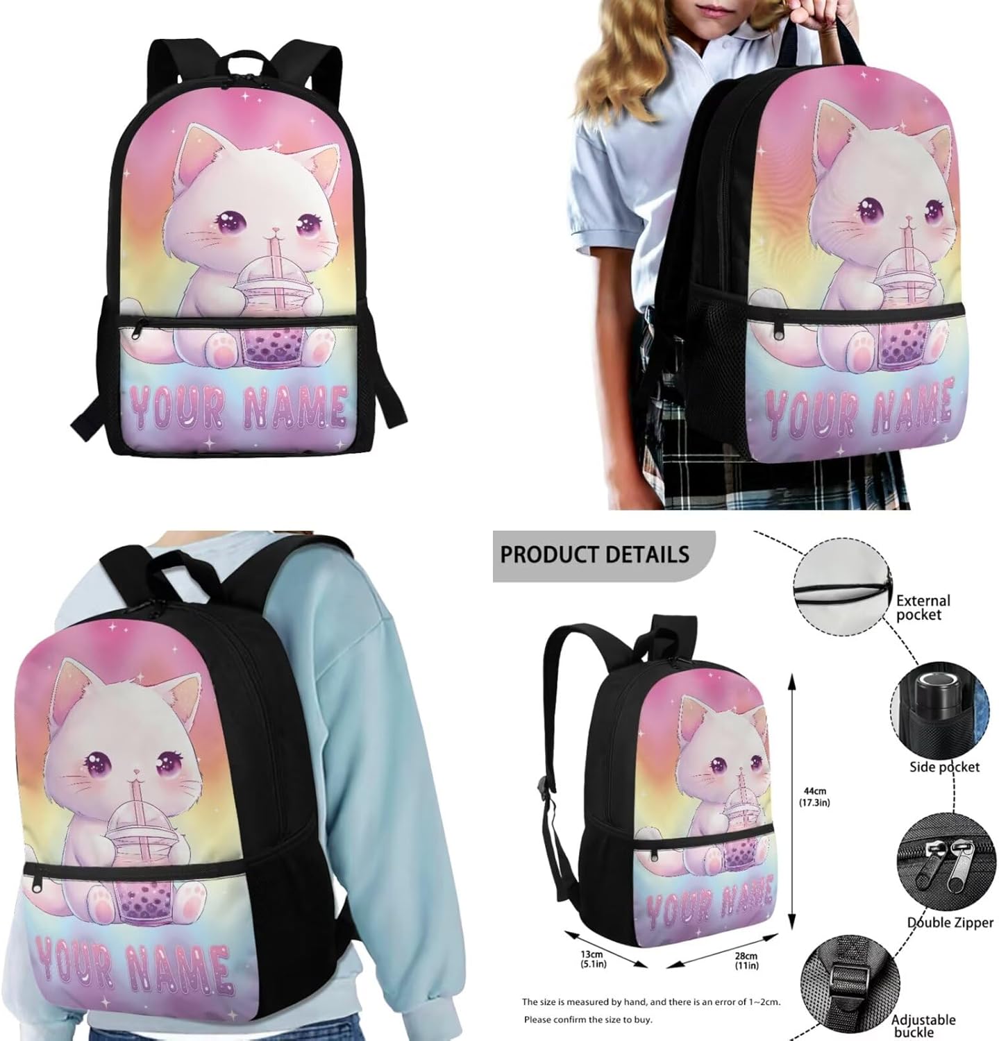 Gomyblomy Custom Milk Tea Cat Backpack with Name for Girls 6-8 Kawaii Personalized Kids Bookbag with Lunch Box Pencil Case Water Bottle Sleeve 4 In 1 Set Lightweight 17 Inch Kids School Bag - Image 3