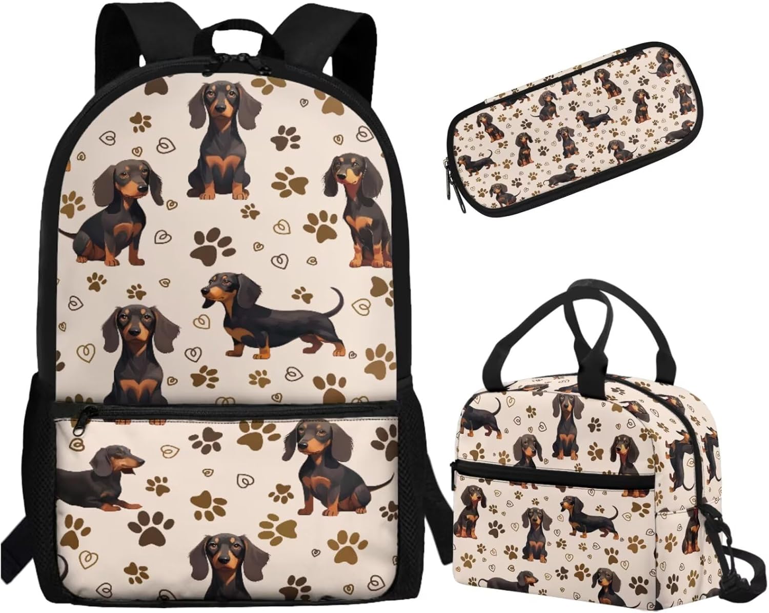 Gomyblomy Cute Dachshund School Backpack for Girls 8-10 Kawaii Paw Print Kids Bookbag with Lunch Bag Pencil Case 3 in1 Set Back to School Supplies for Kids Teens School Bags 17 Inch - Image 3