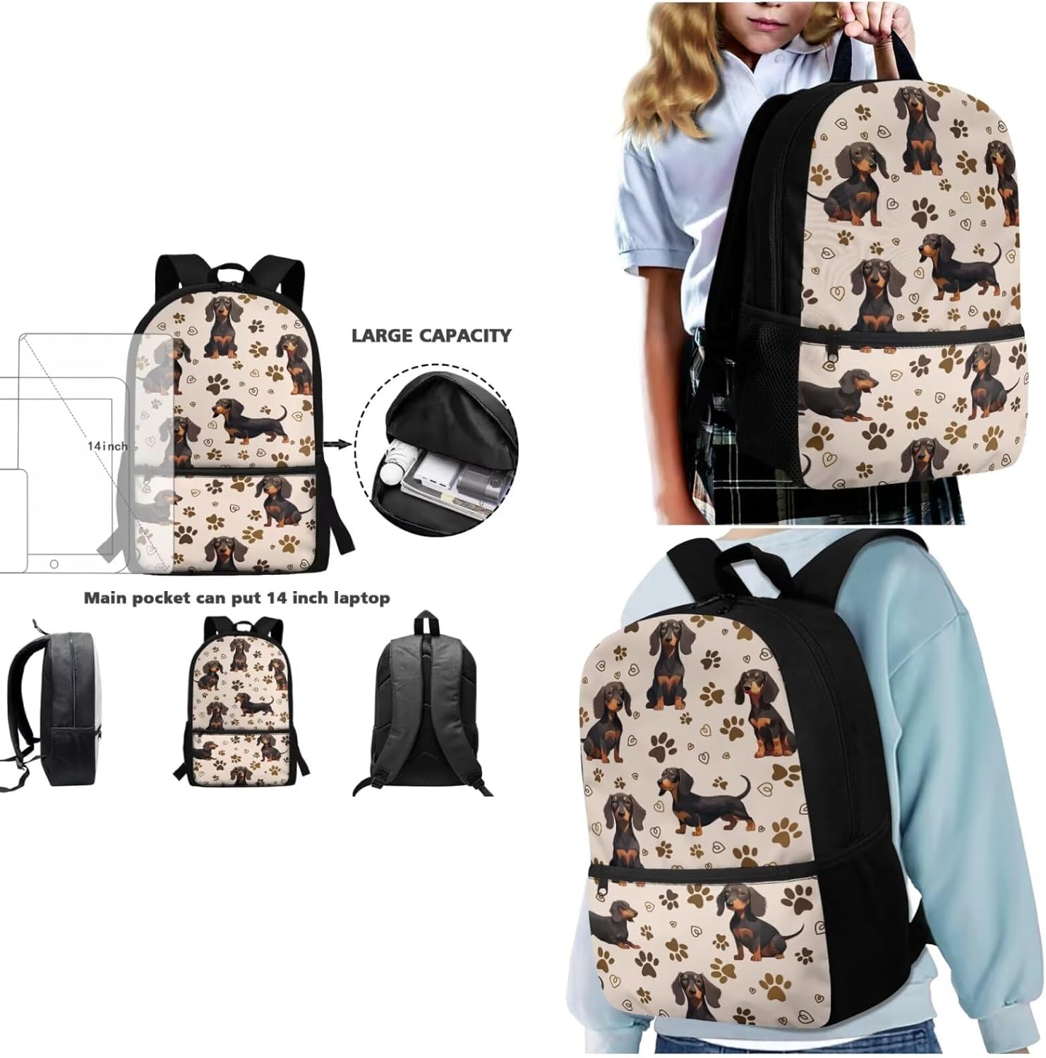 Gomyblomy Cute Dachshund School Backpack for Girls 8-10 Kawaii Paw Print Kids Bookbag with Lunch Bag Pencil Case 3 in1 Set Back to School Supplies for Kids Teens School Bags 17 Inch - Image 4
