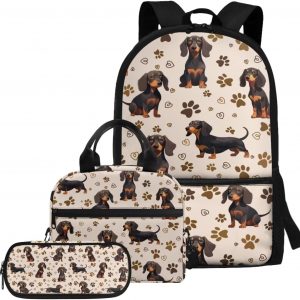 Gomyblomy Cute Dachshund School Backpack for Girls 8-10 Kawaii Paw Print Kids Bookbag with Lunch Bag Pencil Case 3 in1 Set Back to School Supplies for Kids Teens School Bags 17 Inch