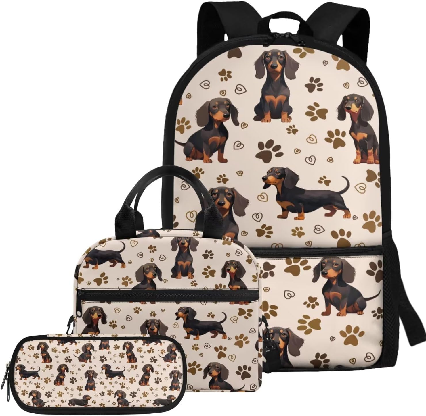 Gomyblomy Cute Dachshund School Backpack for Girls 8-10 Kawaii Paw Print Kids Bookbag with Lunch Bag Pencil Case 3 in1 Set Back to School Supplies for Kids Teens School Bags 17 Inch