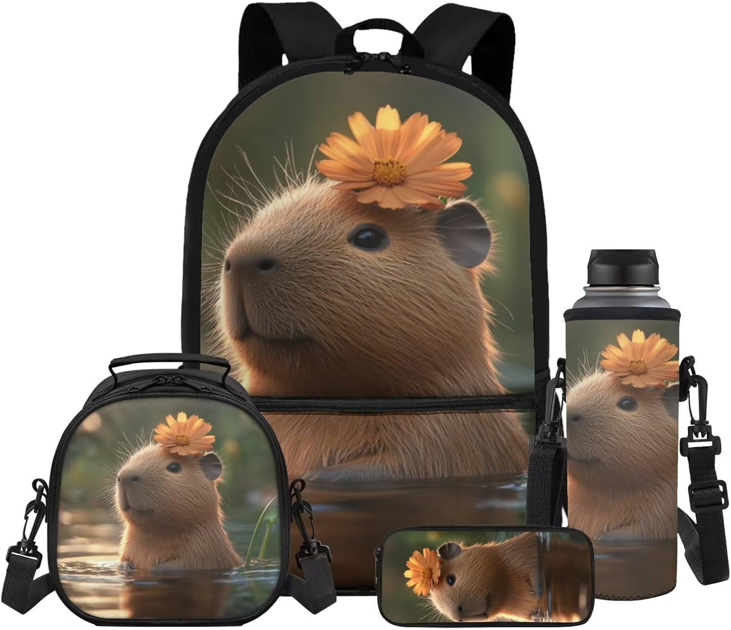 Gomyblomy Floral Capybara Backpack with Lunchbox for Girls 6-8 8-10 Kawaii School Bag for Girls with Lunch Box 4 Piece Kids Bookbag Set for Elementary Lightweight 17 Inch Travel Knapsack - Image 23
