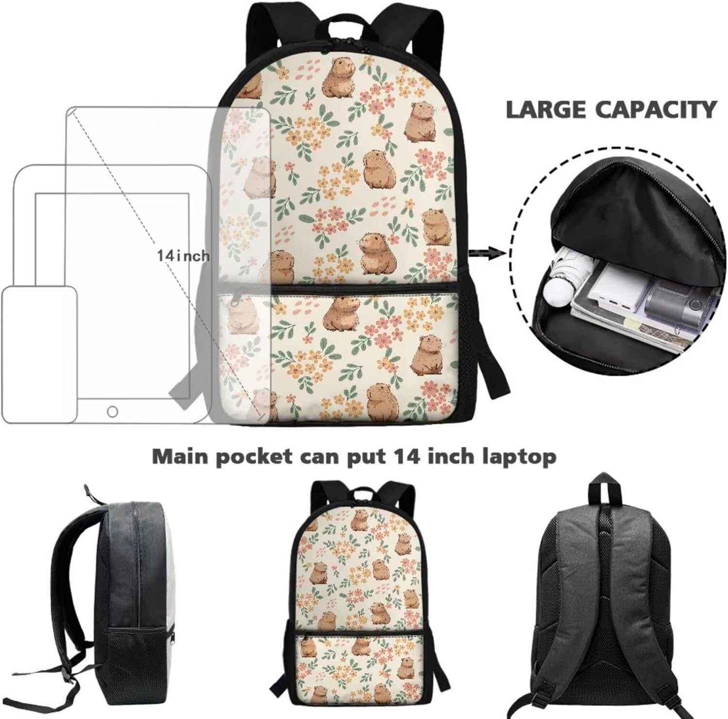 Gomyblomy Floral Capybara Backpack with Lunchbox for Girls 6-8 8-10 Kawaii School Bag for Girls with Lunch Box 4 Piece Kids Bookbag Set for Elementary Lightweight 17 Inch Travel Knapsack - Image 5