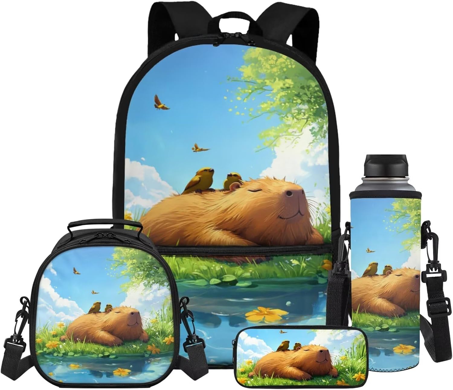 Gomyblomy Floral Capybara Backpack with Lunchbox for Girls 6-8 8-10 Kawaii School Bag for Girls with Lunch Box 4 Piece Kids Bookbag Set for Elementary Lightweight 17 Inch Travel Knapsack - Image 19