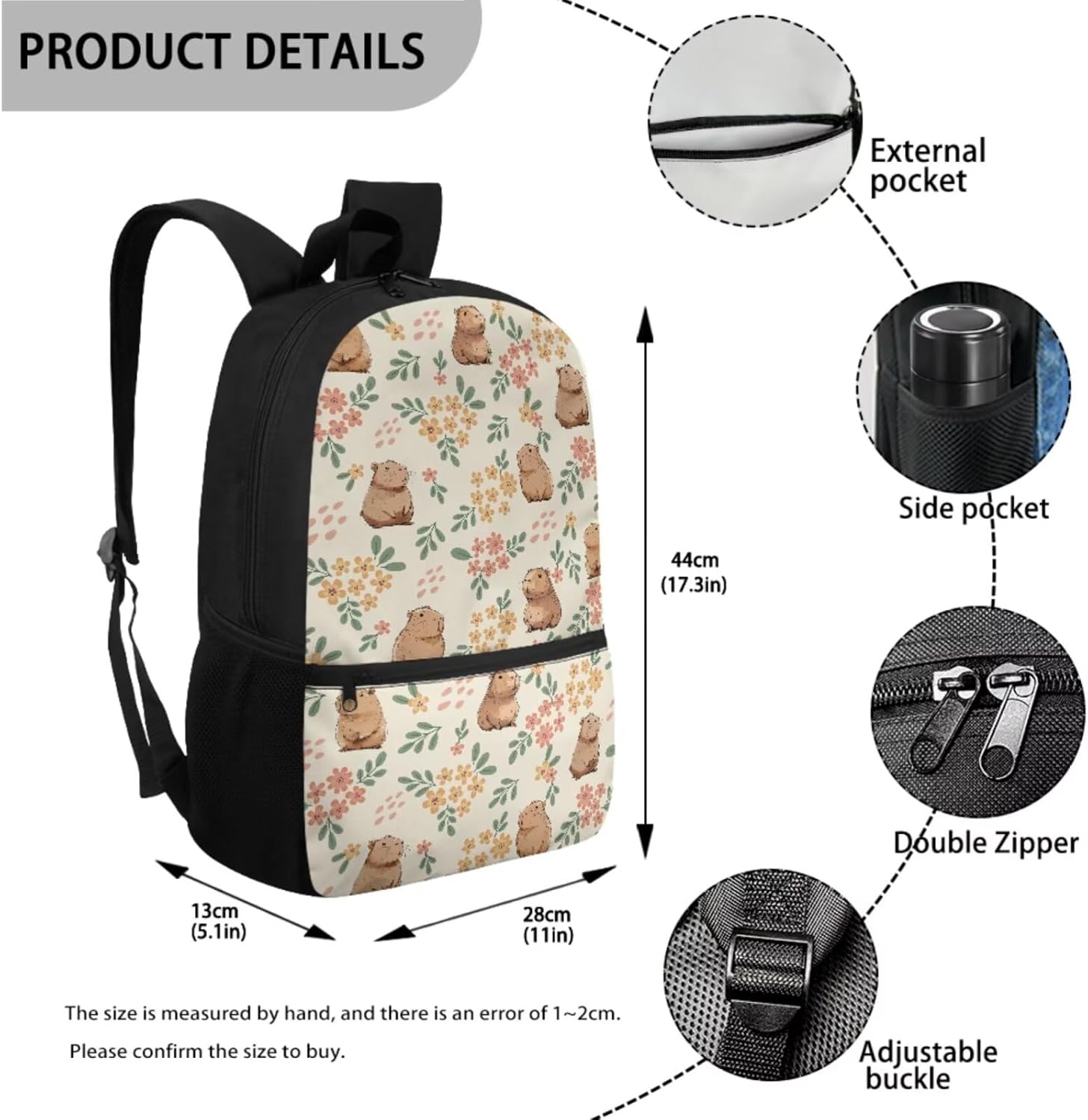 Gomyblomy Floral Capybara Backpack with Lunchbox for Girls 6-8 8-10 Kawaii School Bag for Girls with Lunch Box 4 Piece Kids Bookbag Set for Elementary Lightweight 17 Inch Travel Knapsack - Image 2