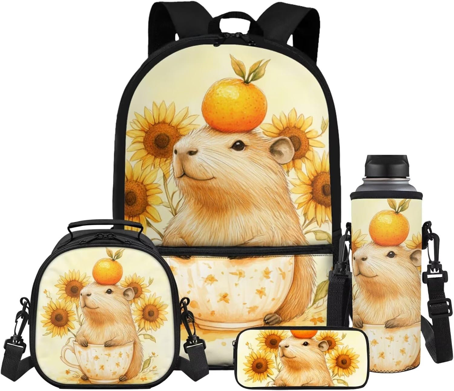 Gomyblomy Floral Capybara Backpack with Lunchbox for Girls 6-8 8-10 Kawaii School Bag for Girls with Lunch Box 4 Piece Kids Bookbag Set for Elementary Lightweight 17 Inch Travel Knapsack - Image 11