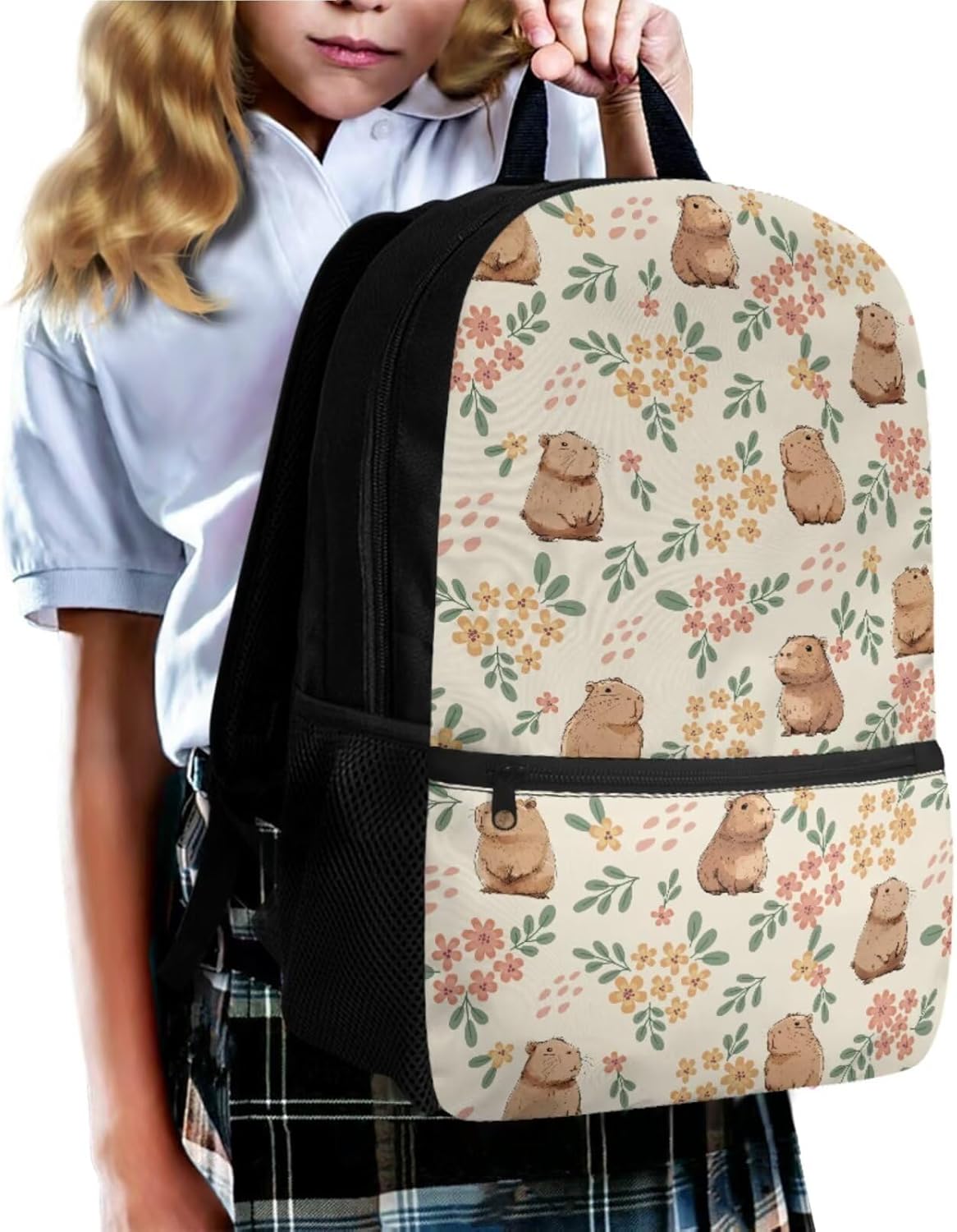 Gomyblomy Floral Capybara Backpack with Lunchbox for Girls 6-8 8-10 Kawaii School Bag for Girls with Lunch Box 4 Piece Kids Bookbag Set for Elementary Lightweight 17 Inch Travel Knapsack - Image 3